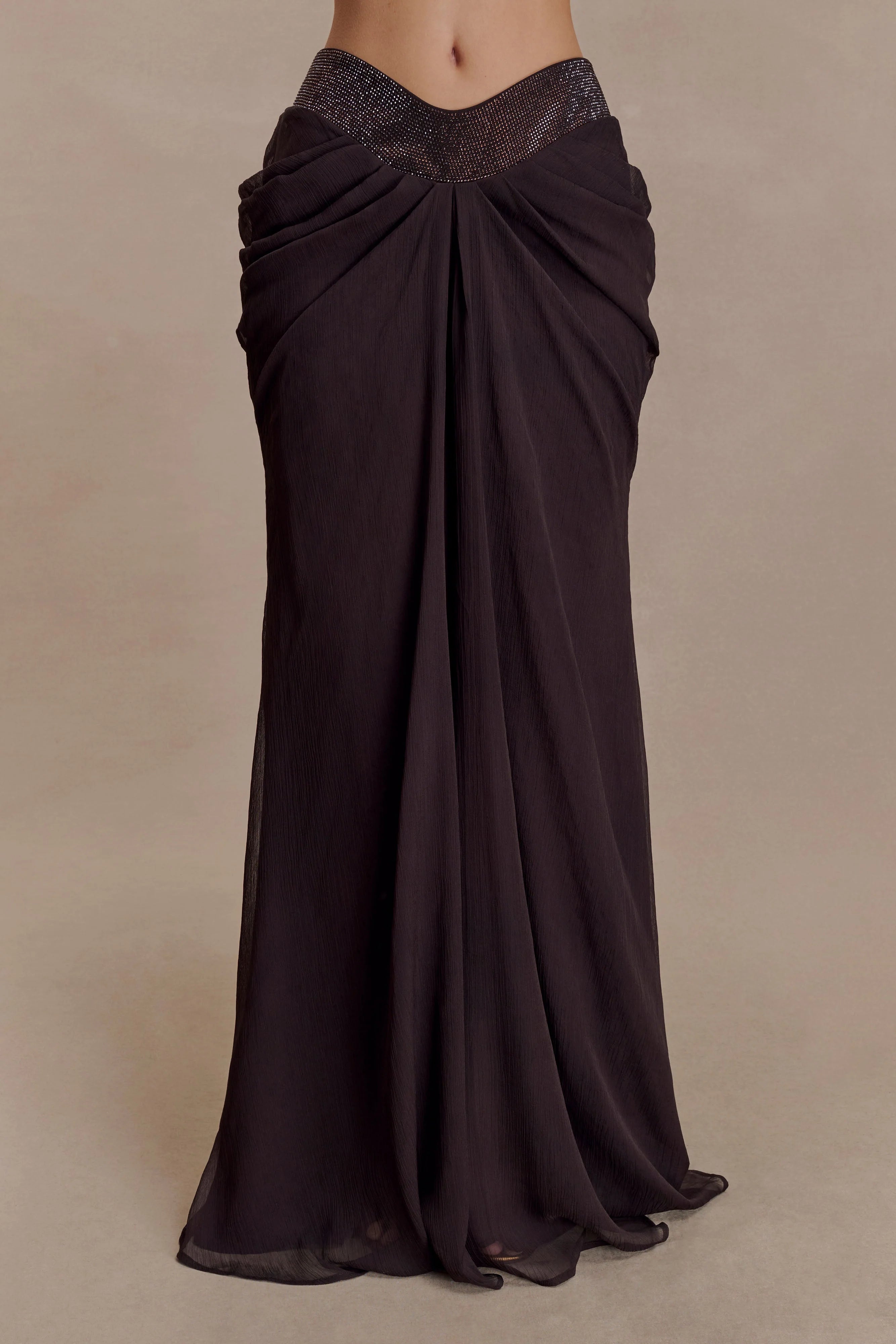 Siren Satin And Diamante Maxi Skirt Dark Chocolate