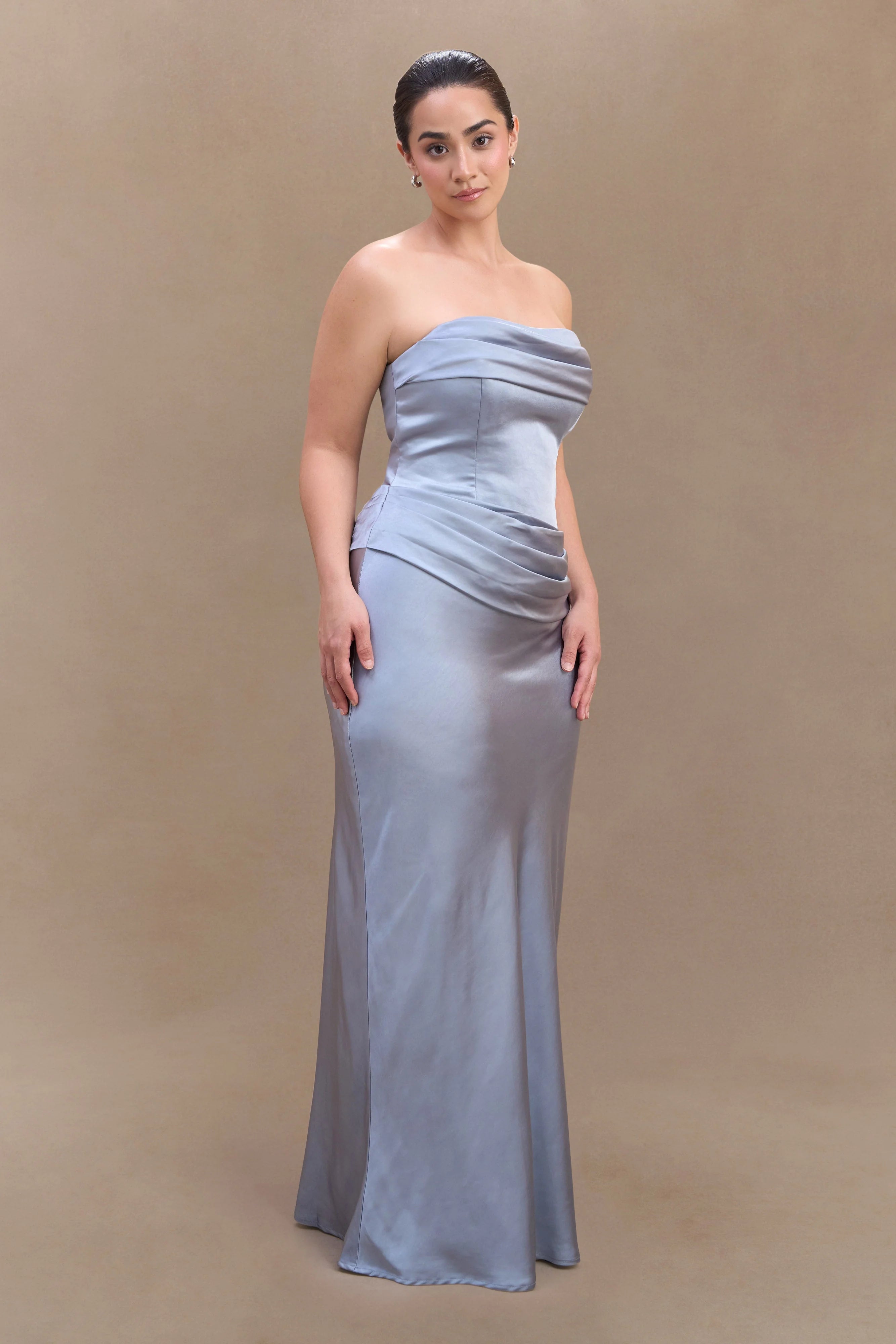 Jasmine Strapless Satin Maxi Dress Frosted Blue