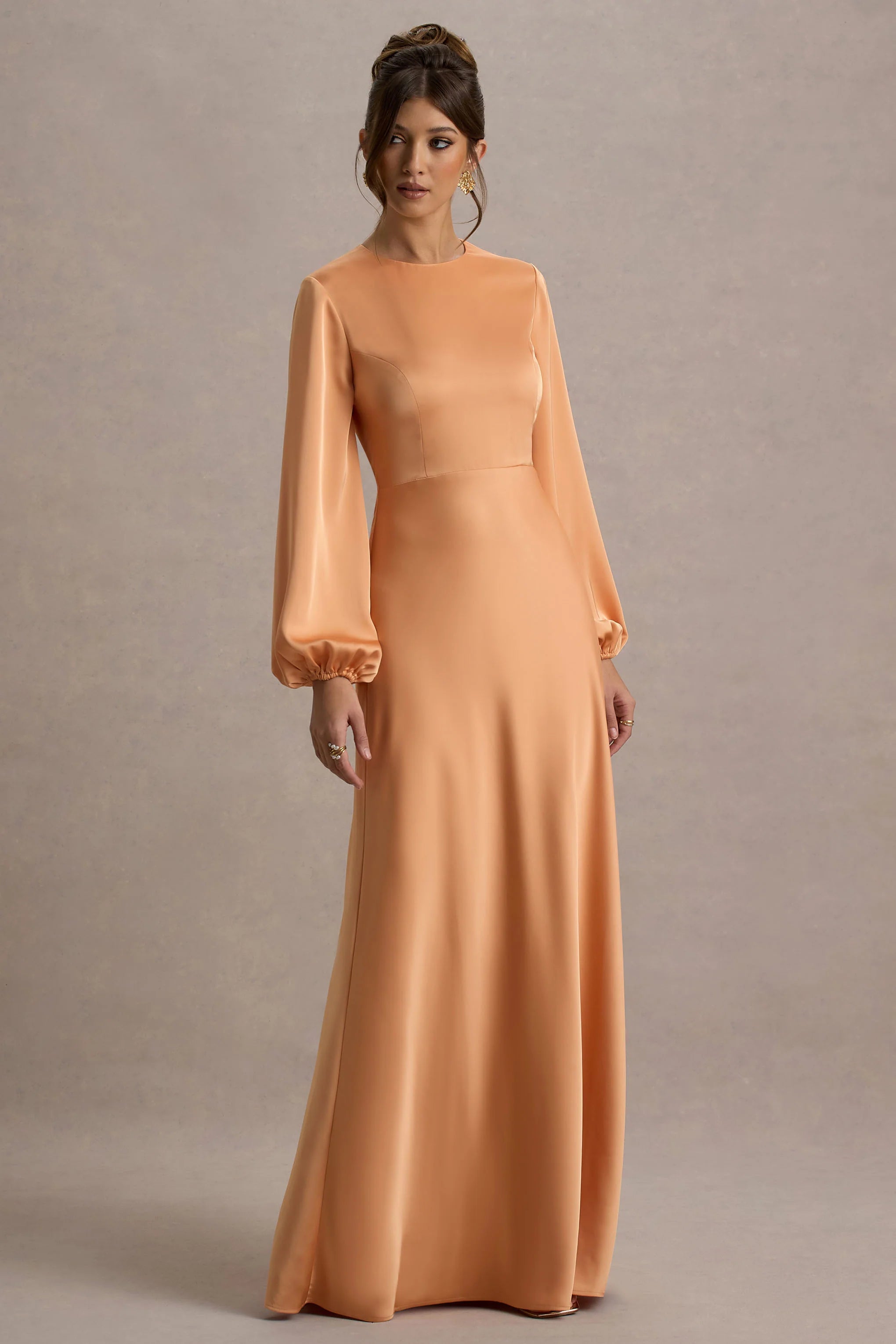 Crawley Peach Satin Puff Sleeve Maxi Dress