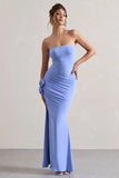 My Muse Blue Ruched Bandeau Split Maxi Dress With Flowers