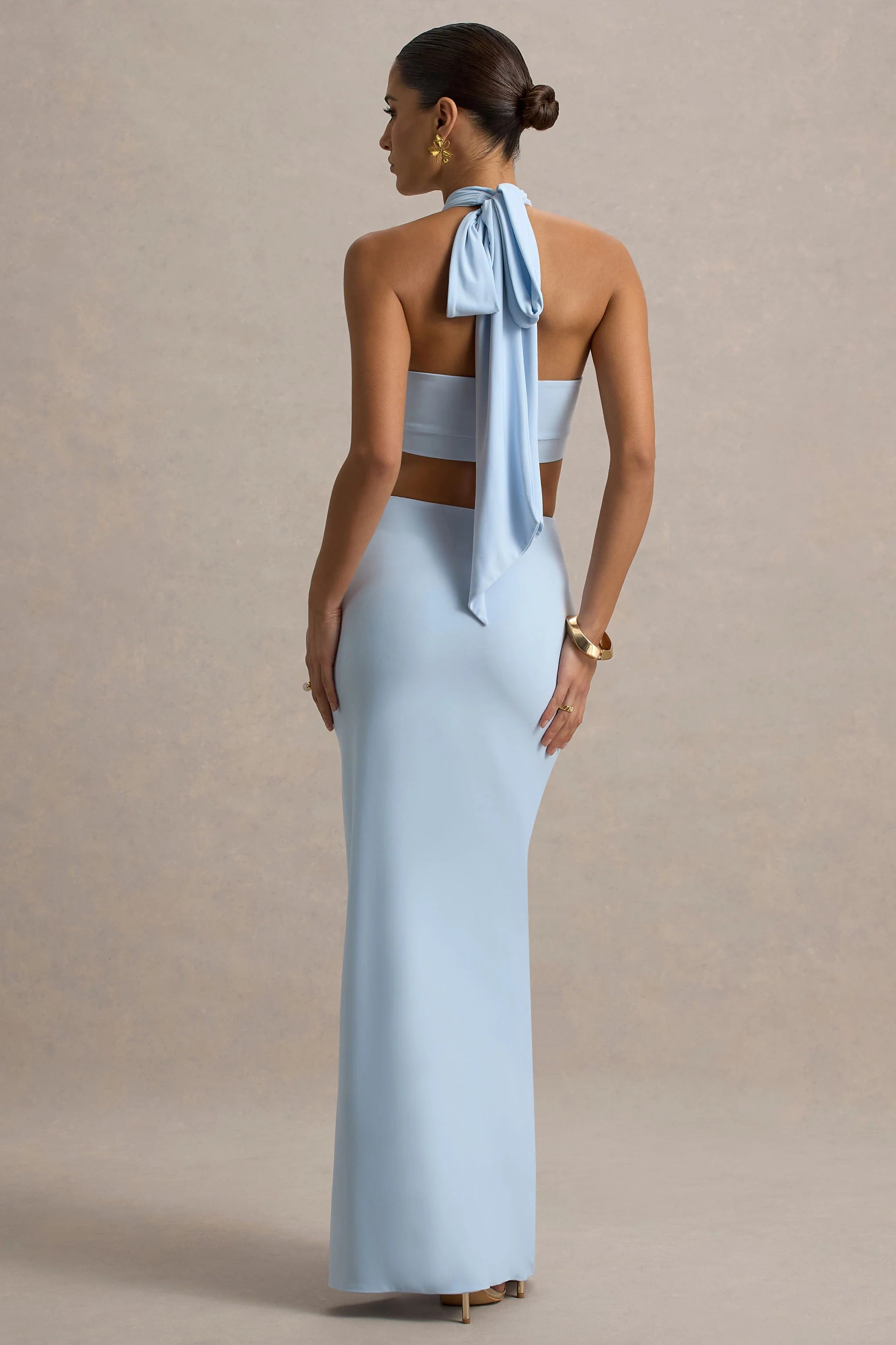 Aura Powder Blue Halter Neck Cut Out Split Maxi Dress