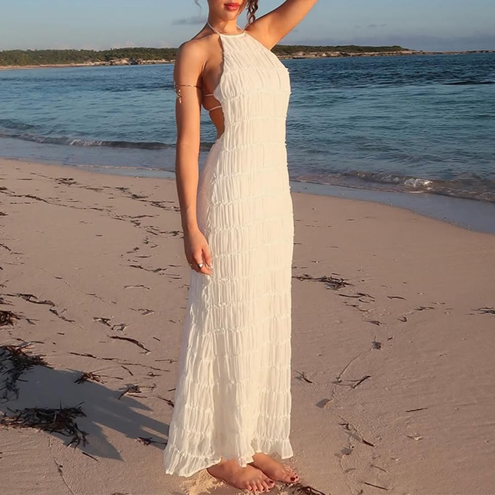 Women Backless Dress Sleeveless Textured Halter Open Back Maxi Dresses Vacation Wedding Guest