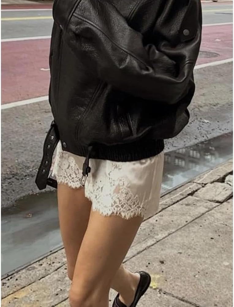Women Satin Lace Shorts Silky Pajama Lounge Shorts Elastic Waist Chic Sleepwear Bottoms