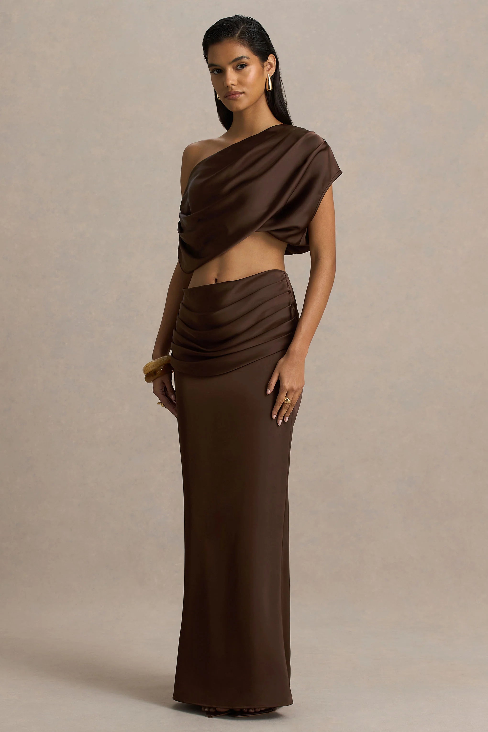 Megan Brown Satin Wrap Maxi Skirt With Gathered Detailing
