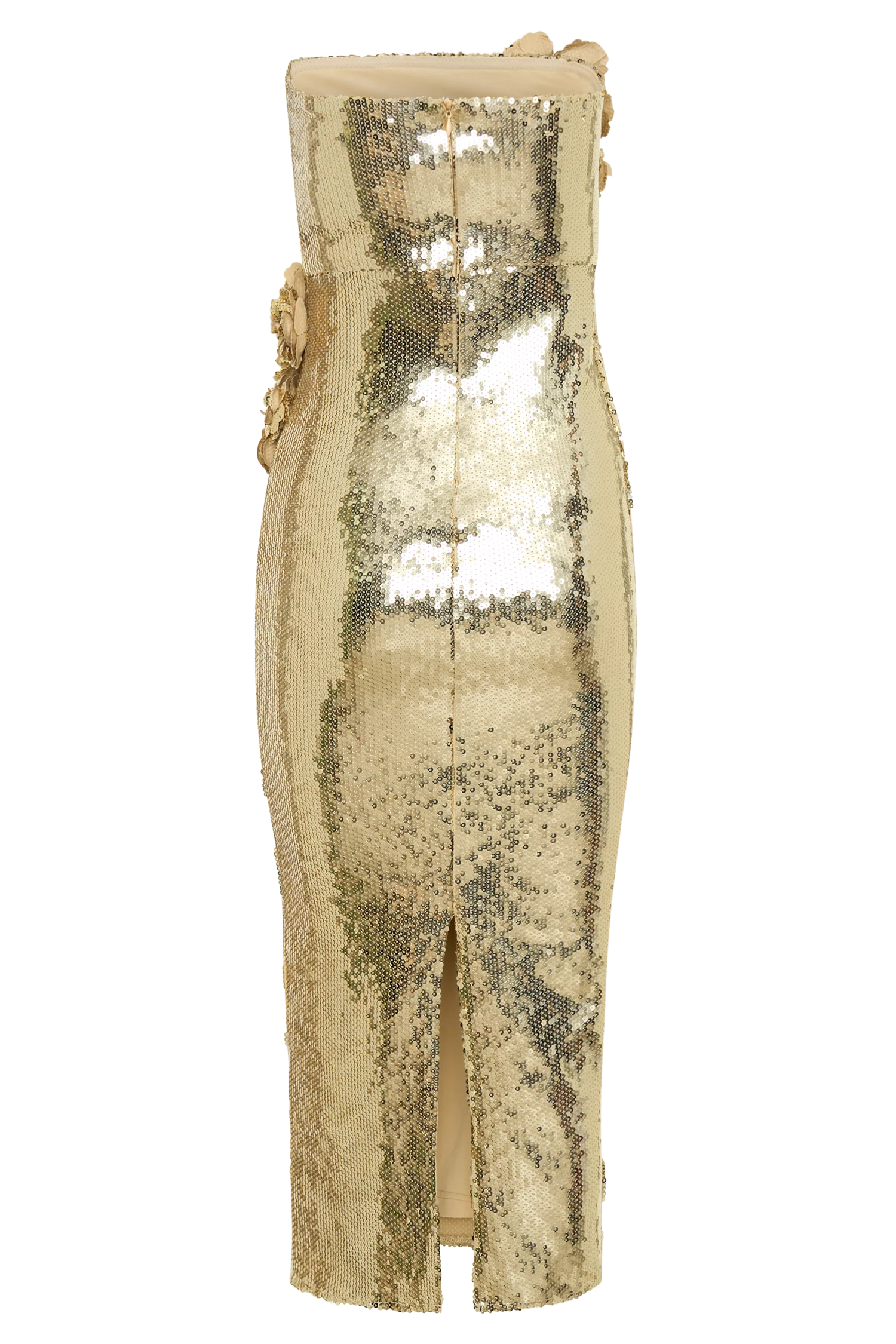 Cassia Strapless Sequin Rose Midi Dress Gold