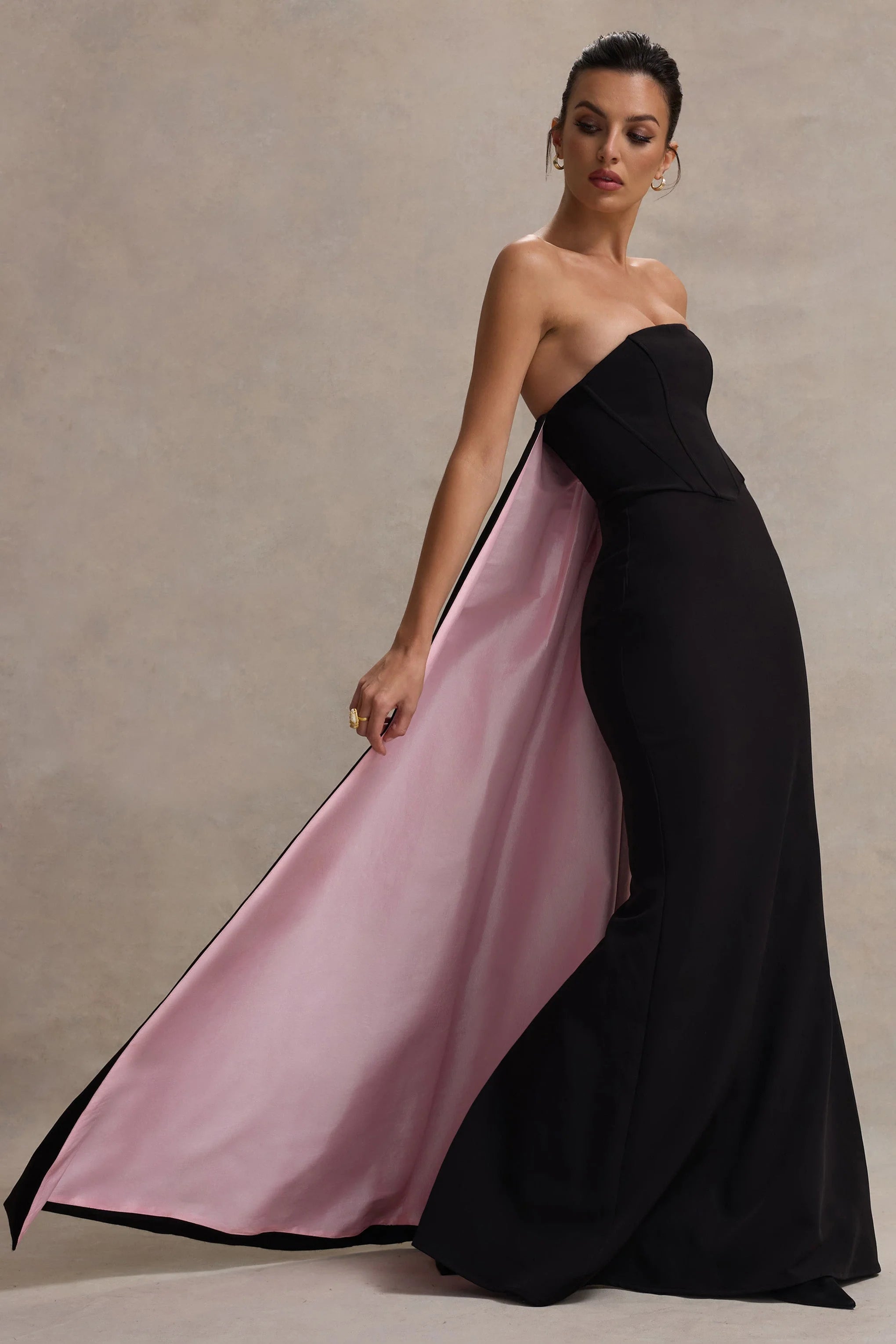 Shes Trouble Black Bandeau Maxi Dress With Pink Cape