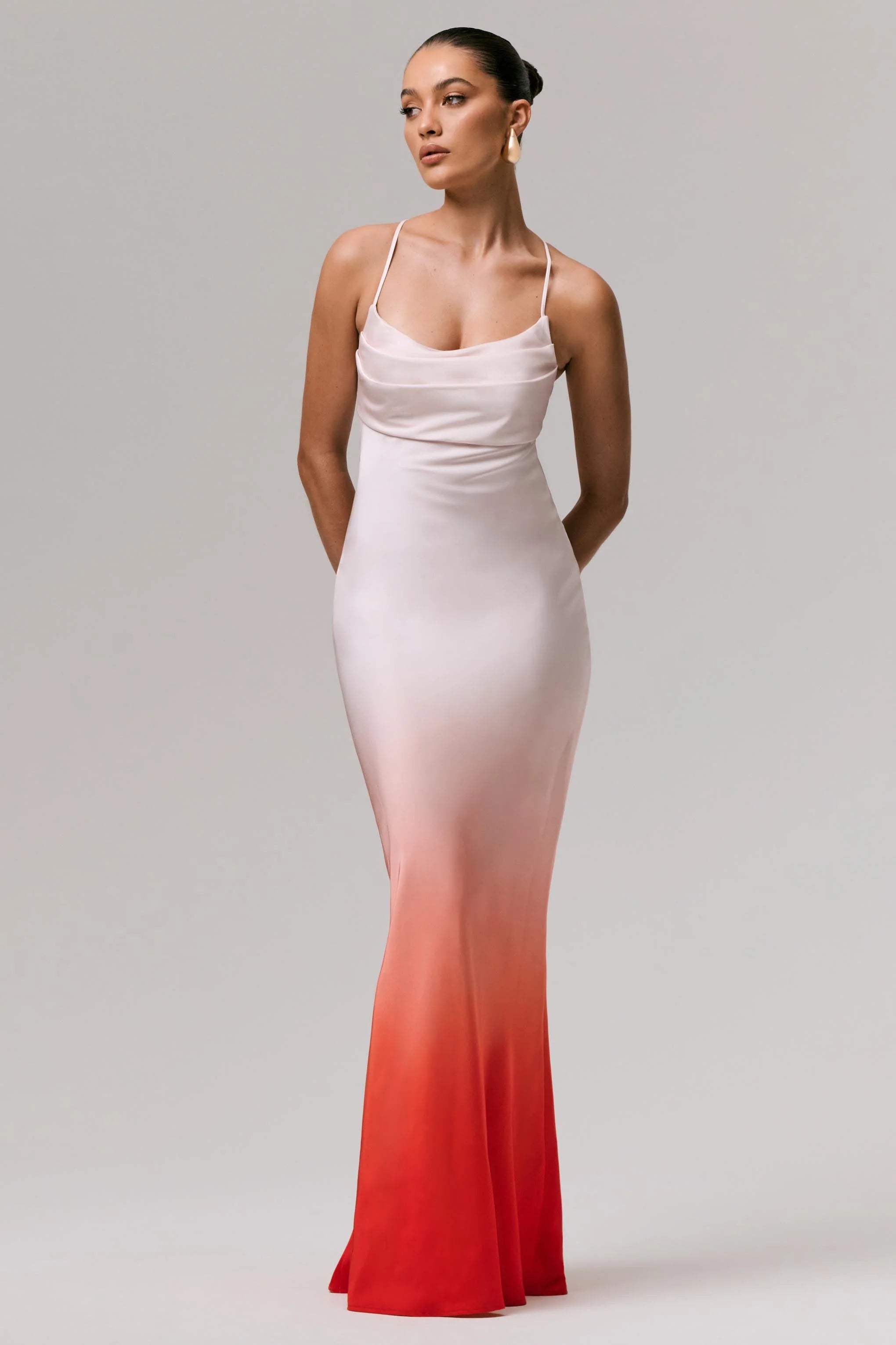 Lucie Red Ombre Satin Cowl Neck Maxi Dress