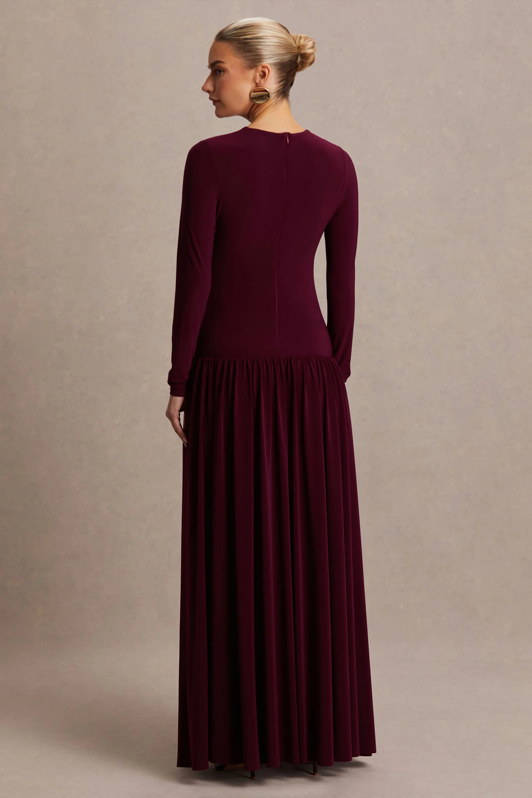 Monroe Burgundy Crew Neck Maternity Maxi Dress With Drop Waist