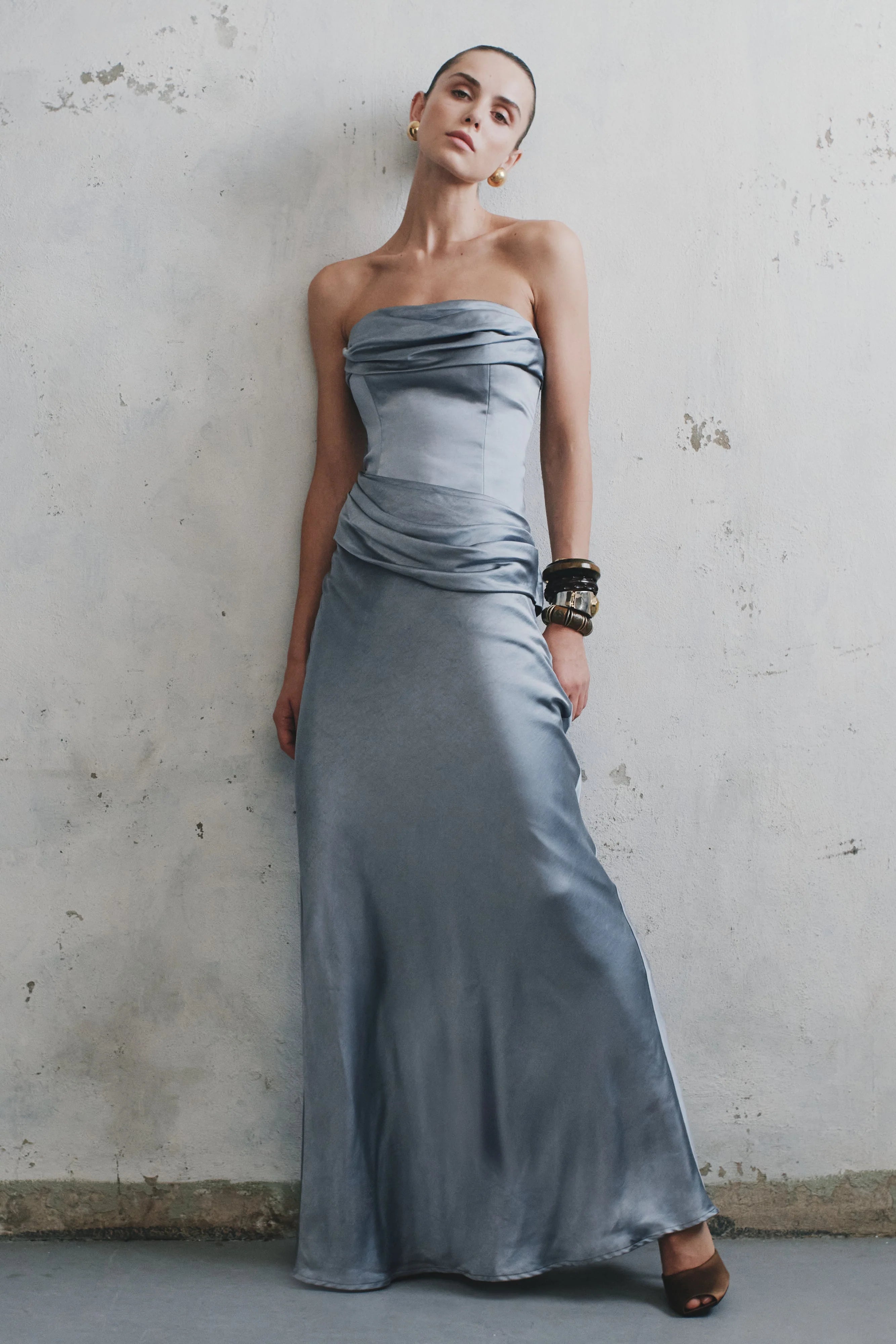 Jasmine Strapless Satin Maxi Dress Frosted Blue