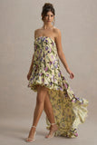Whistler Tulip Floral Print Chiffon Bandeau High Low Ruffled Maxi Dress