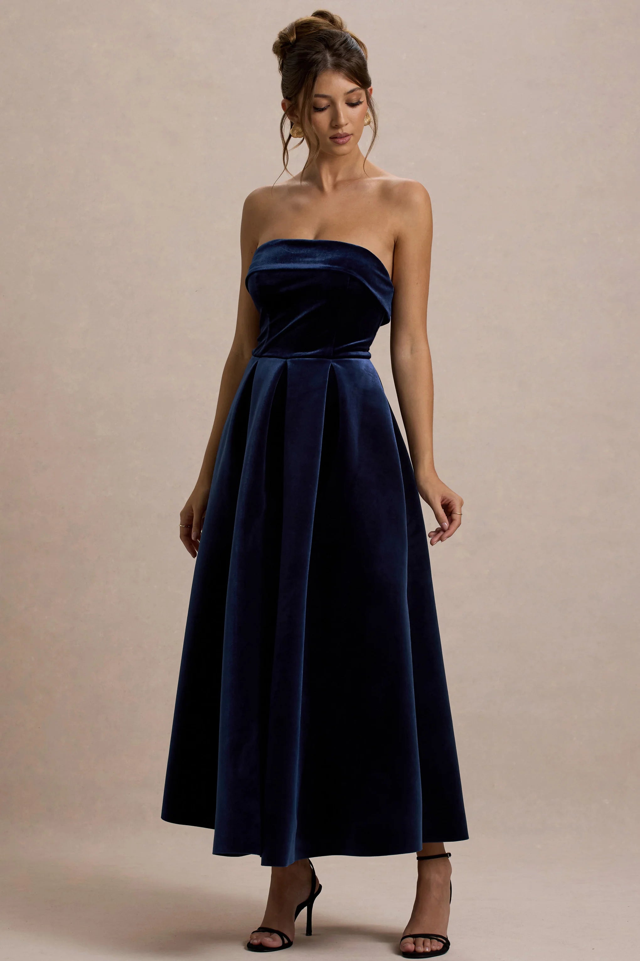 Addina Navy Velvet Bandeau Skater Midi Dress