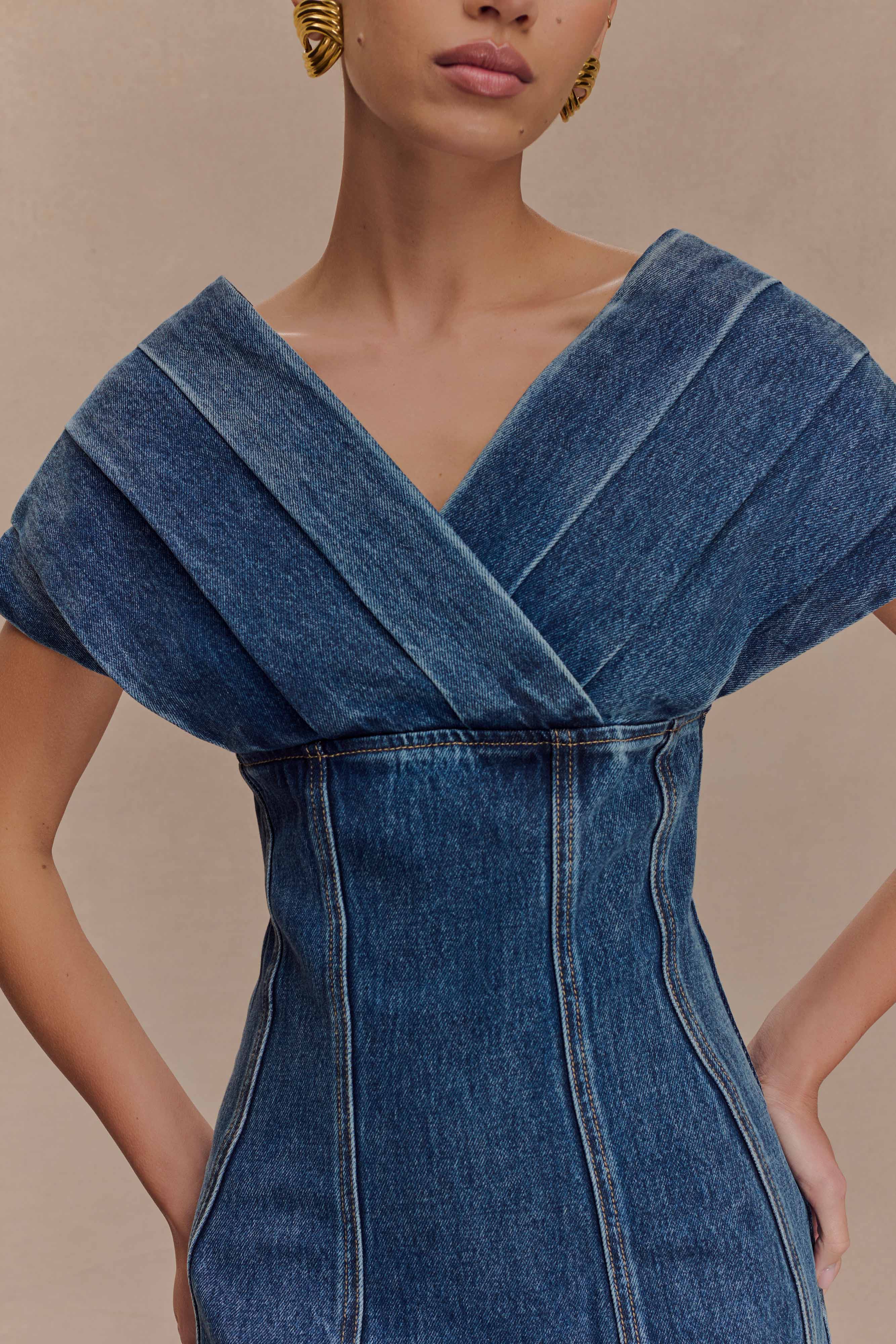Pascale Off Shoulder Denim Mini Dress Washed Dark Blue