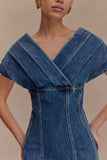 Pascale Off Shoulder Denim Mini Dress Washed Dark Blue