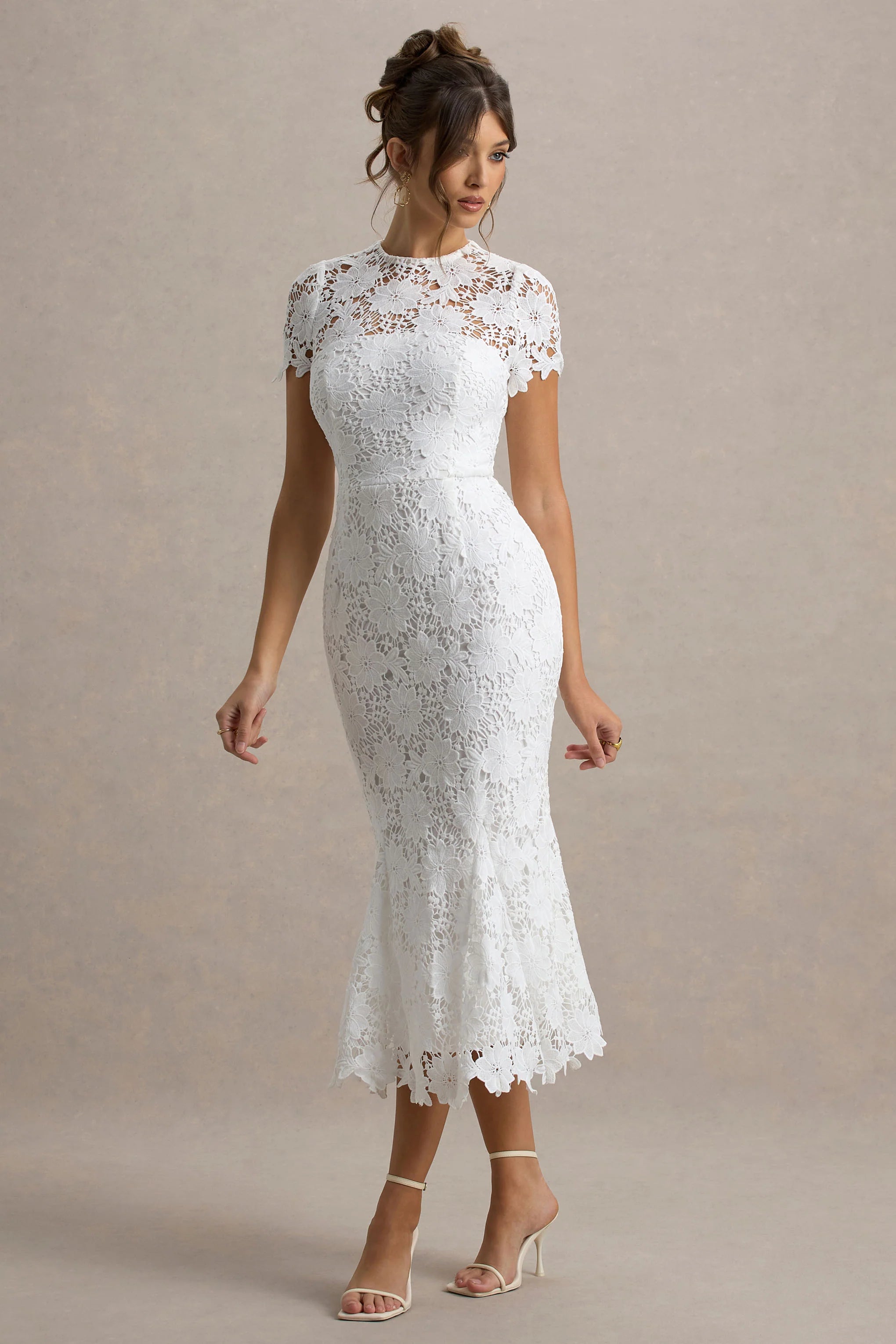 Clarissa White Lace Short Sleeve Midi Dress