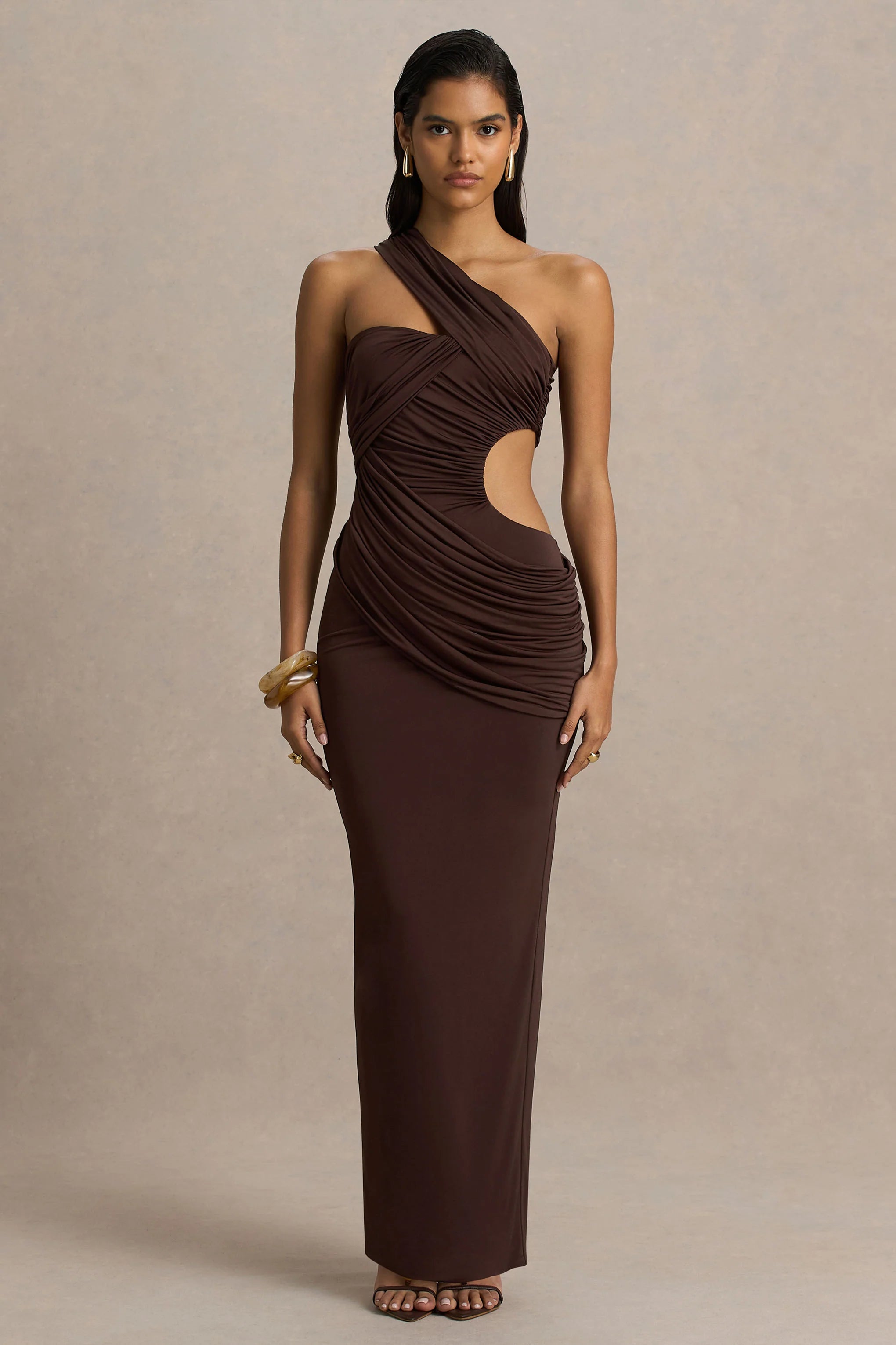Serefine Brown Asymmetric Neck Maxi Dress With Body Cut Out