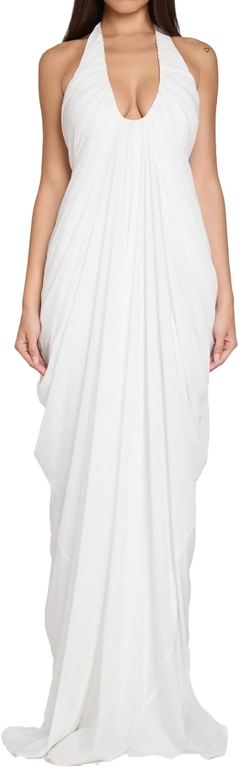Women White Dress Halter Deep V Neck Cascade Drape Floor Length Gown Wedding Guest Beach Vacation