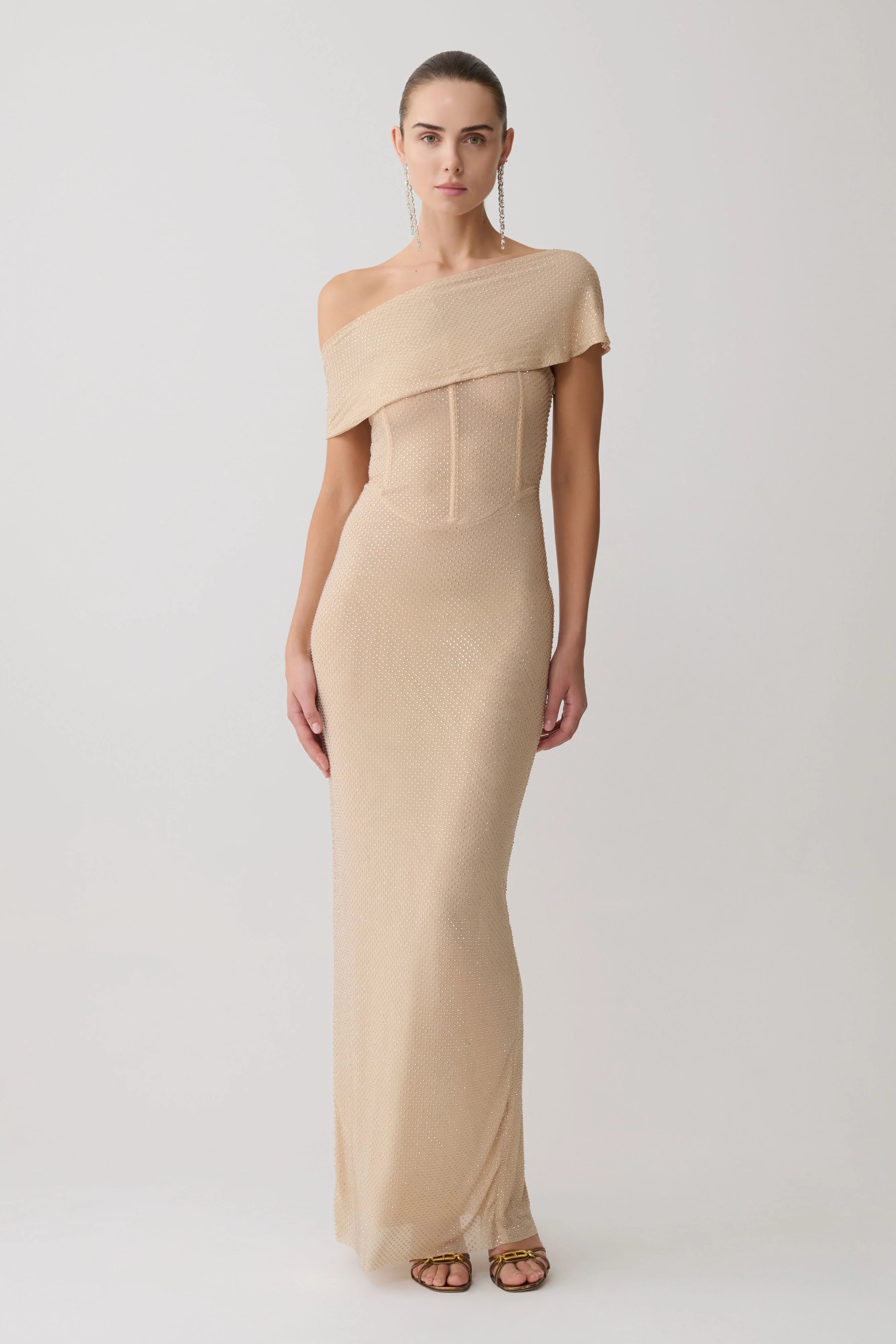 Phi Multi Wear Cowl Diamante Maxi Dress Gold