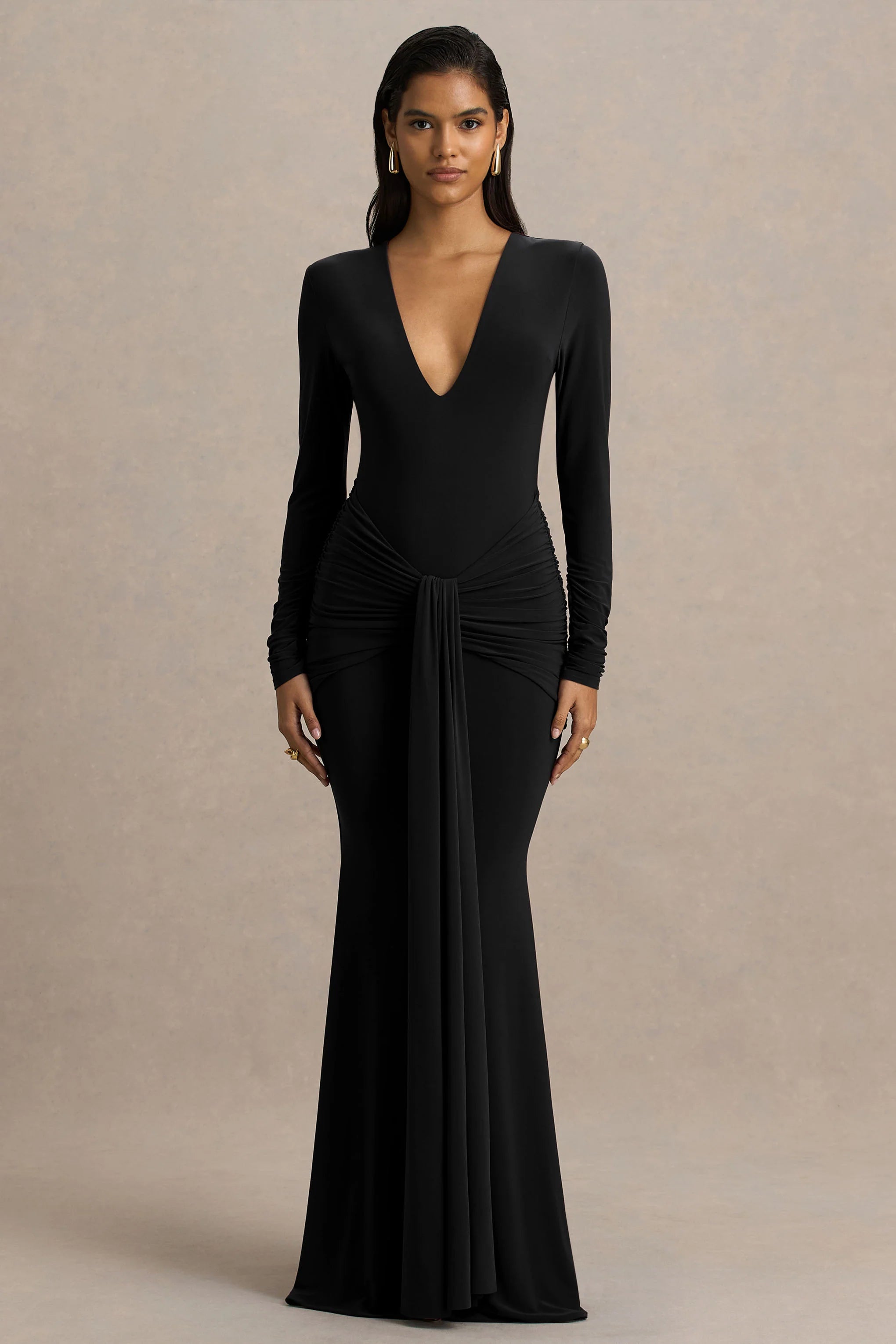 Saffie Black Extreme Plunge Wrap Maxi Dress With Long Sleeves And Ruched Detailing