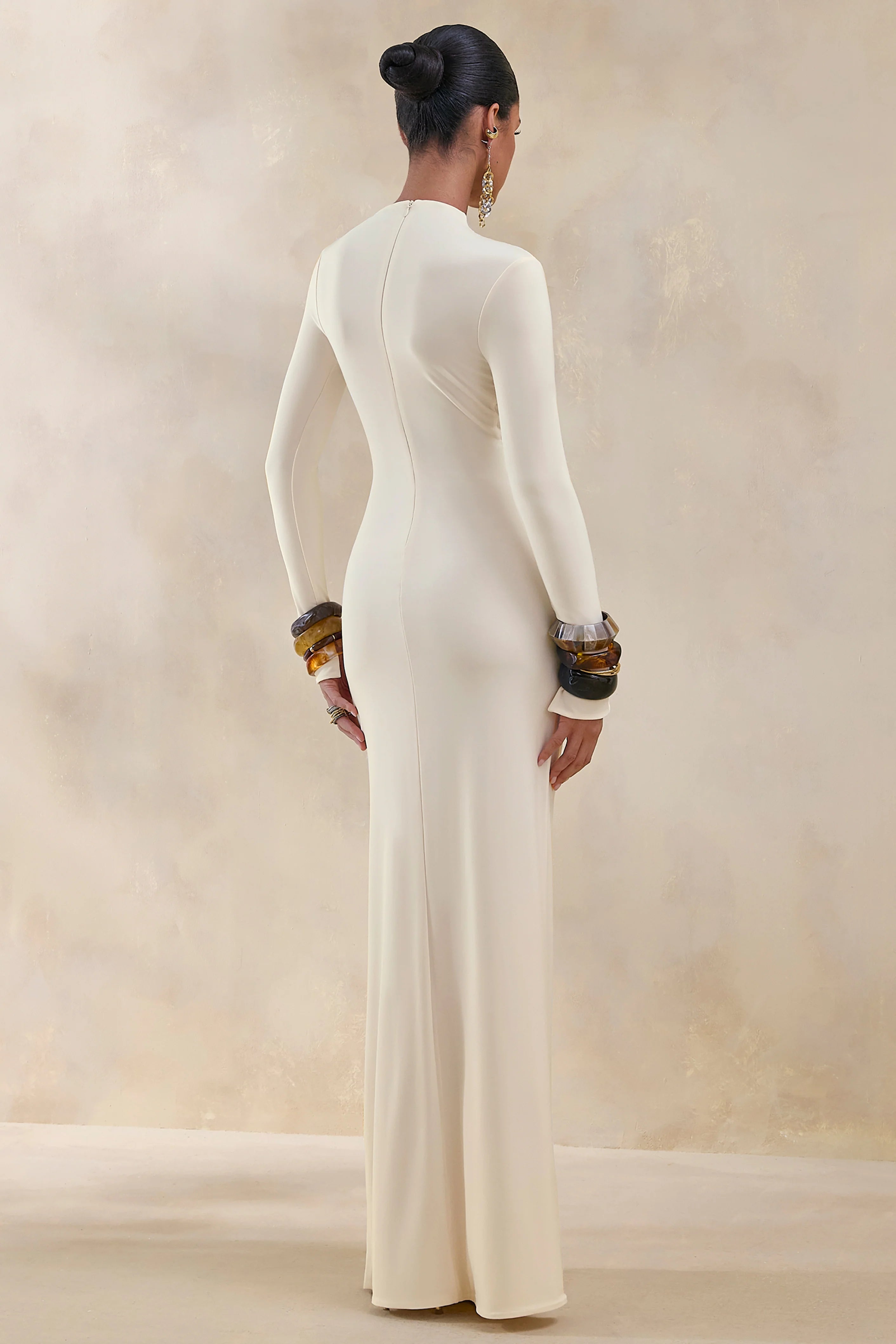 Karessa Cream High Neck Maxi Dress With Gathered Detailing And Front High Split
