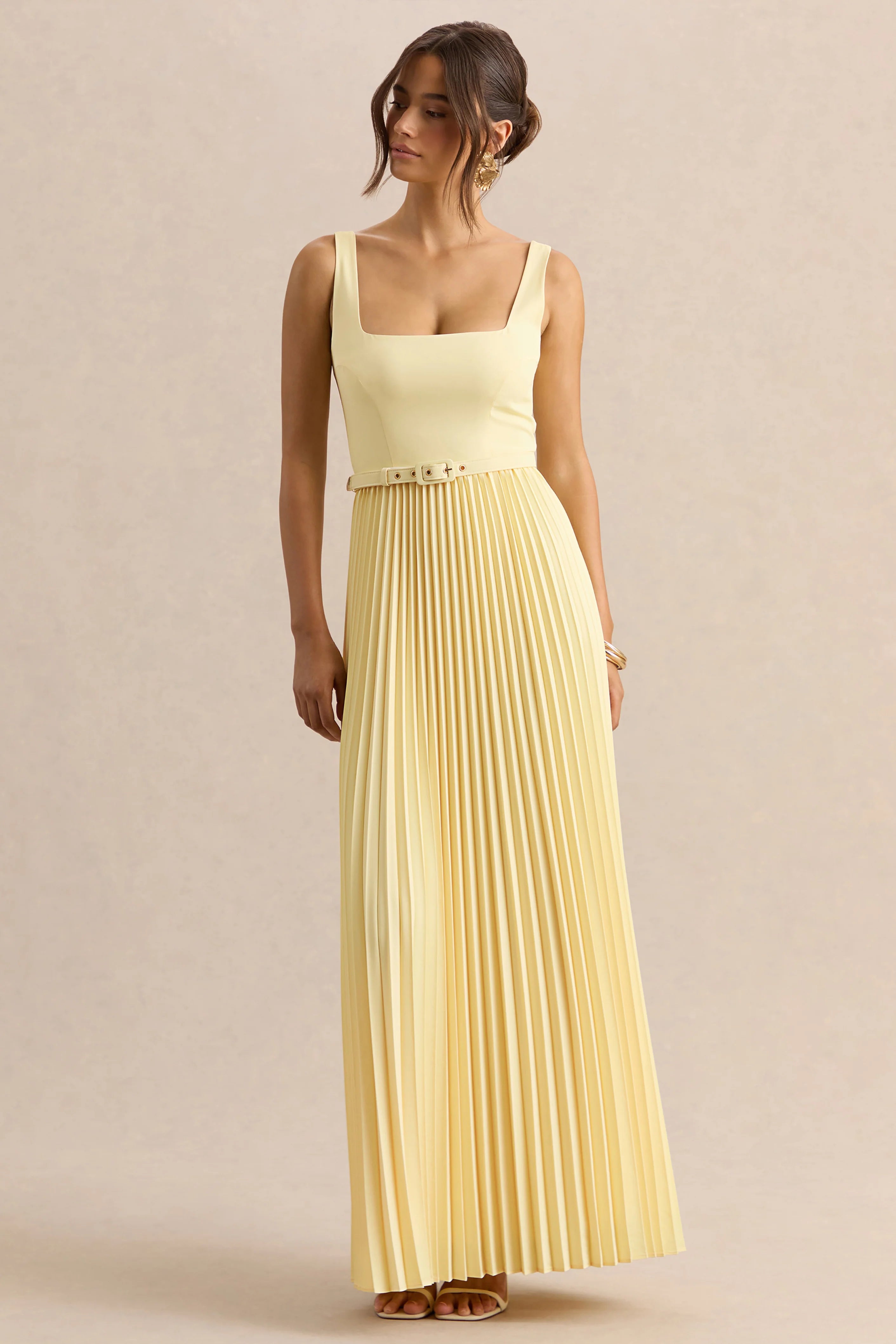 Danika Lemon Square Neck Belted Maxi Dress With Pleated Skirt