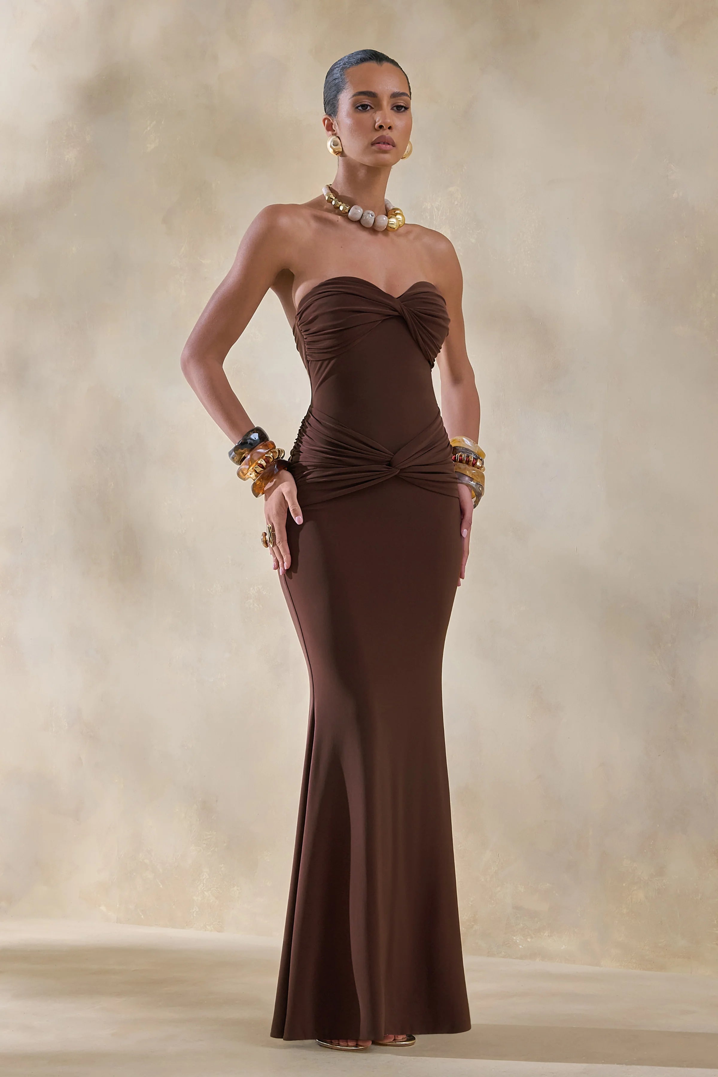 Elodia Brown Bandeau Maxi Dress With Gathered Detailing