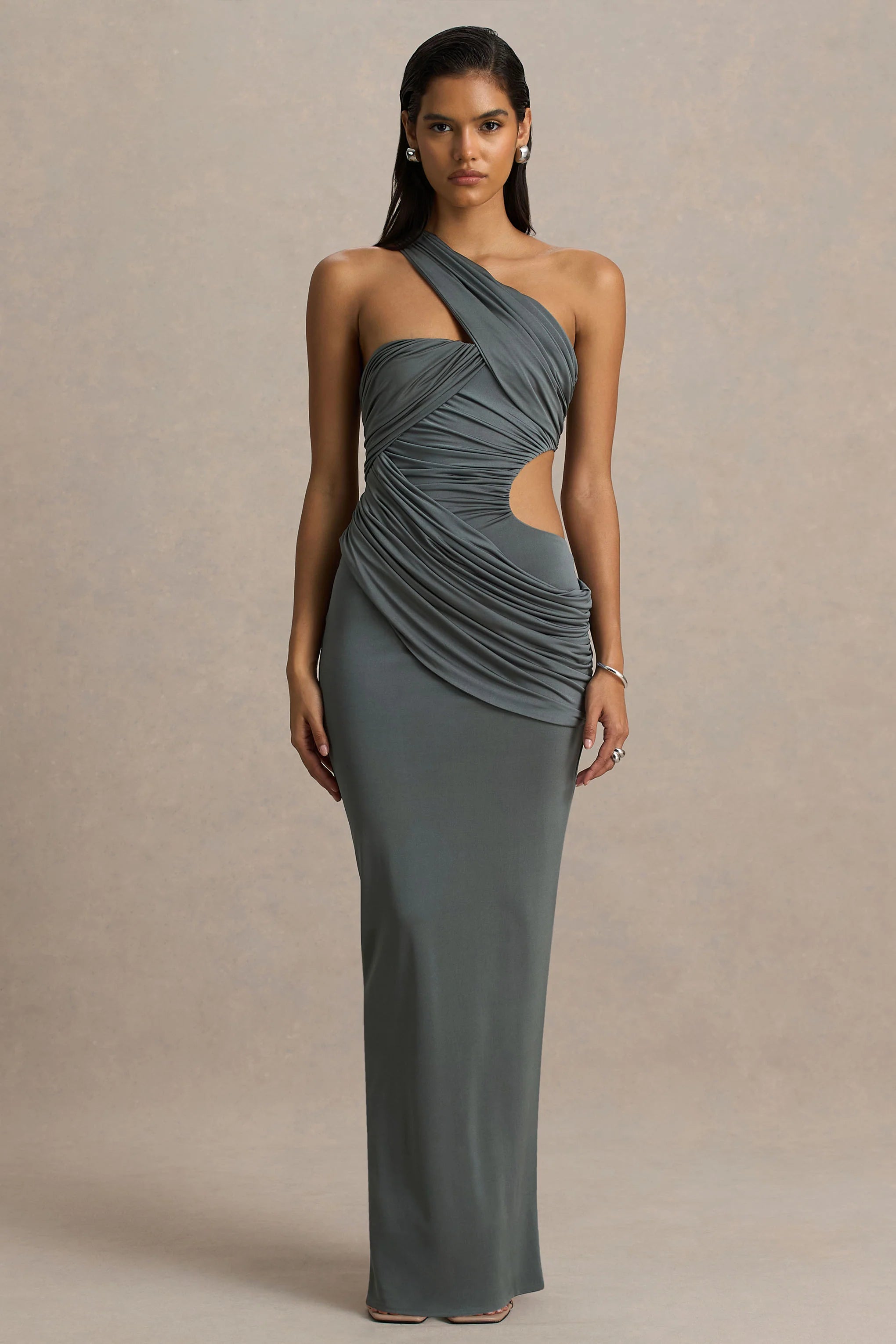 Serefine Grey Asymmetric Neck Maxi Dress With Body Cut Out
