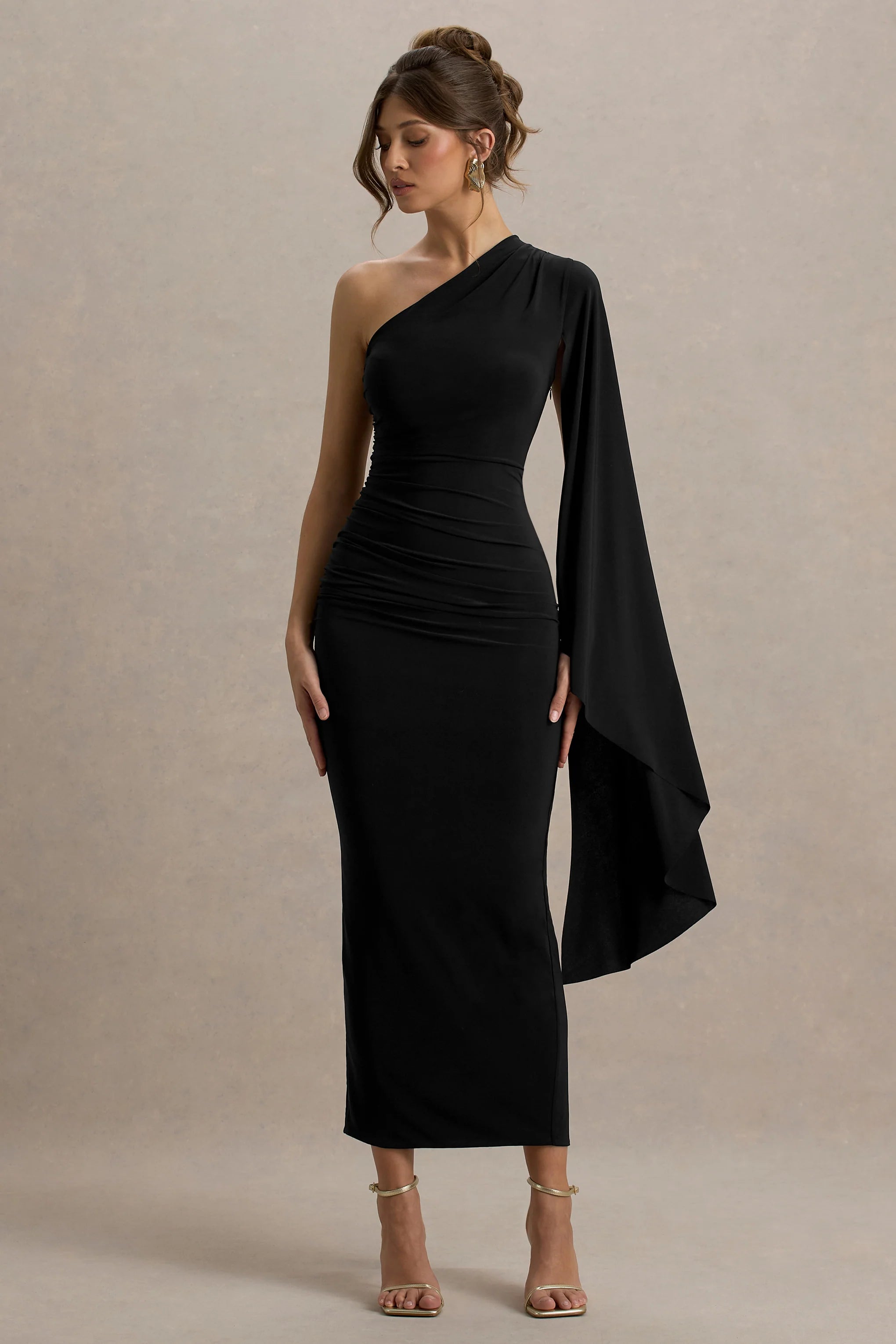 Clementina Black Asymmetric Cape Sleeve Maxi Dress