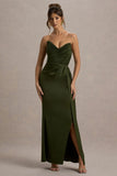 Edel Olive Satin Strapless Maxi Dress With Drape