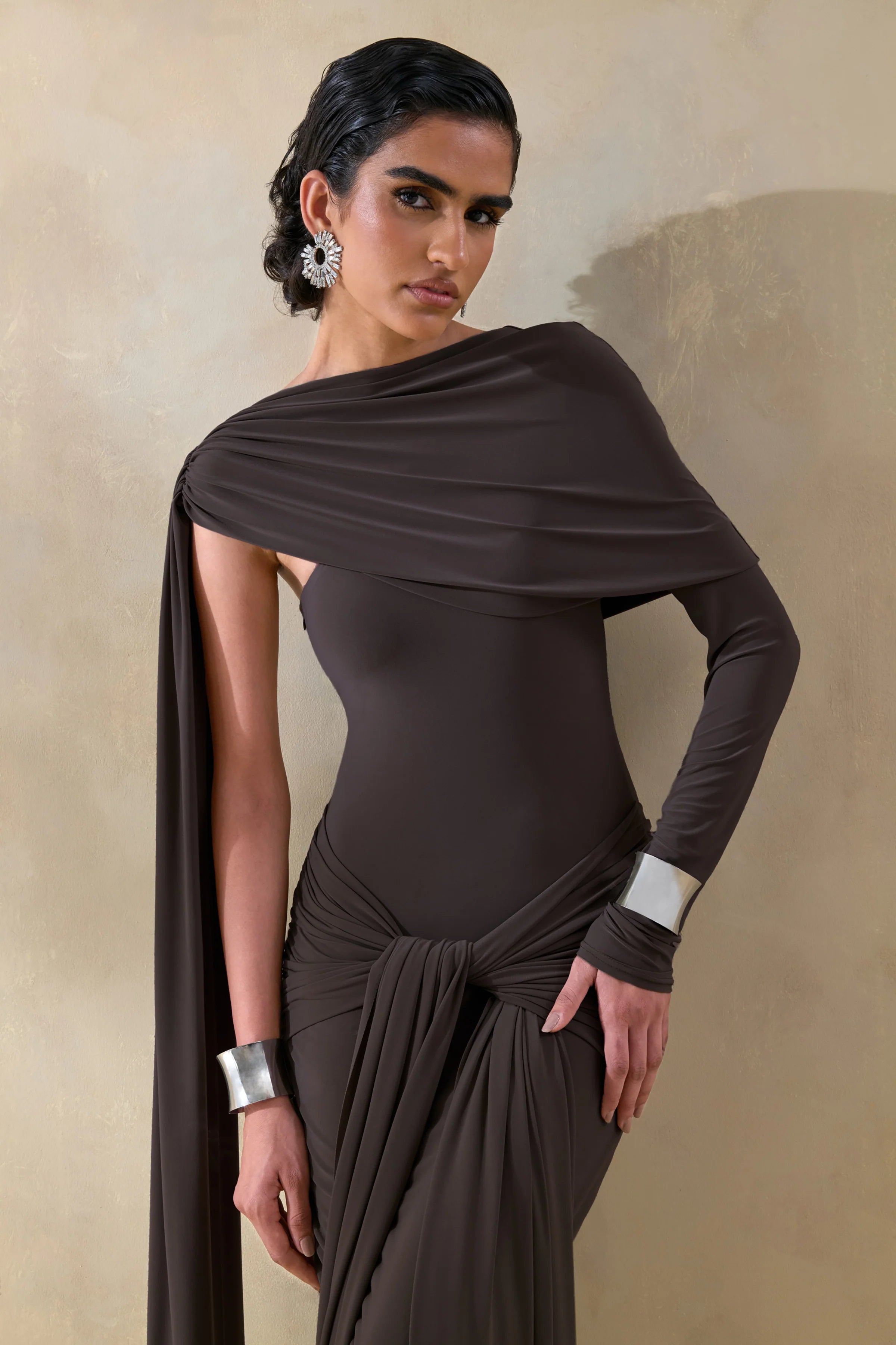 Trisara Brown Asymmetric Neck Maxi Dress With Gathered Detailing And Sash