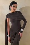 Trisara Brown Asymmetric Neck Maxi Dress With Gathered Detailing And Sash