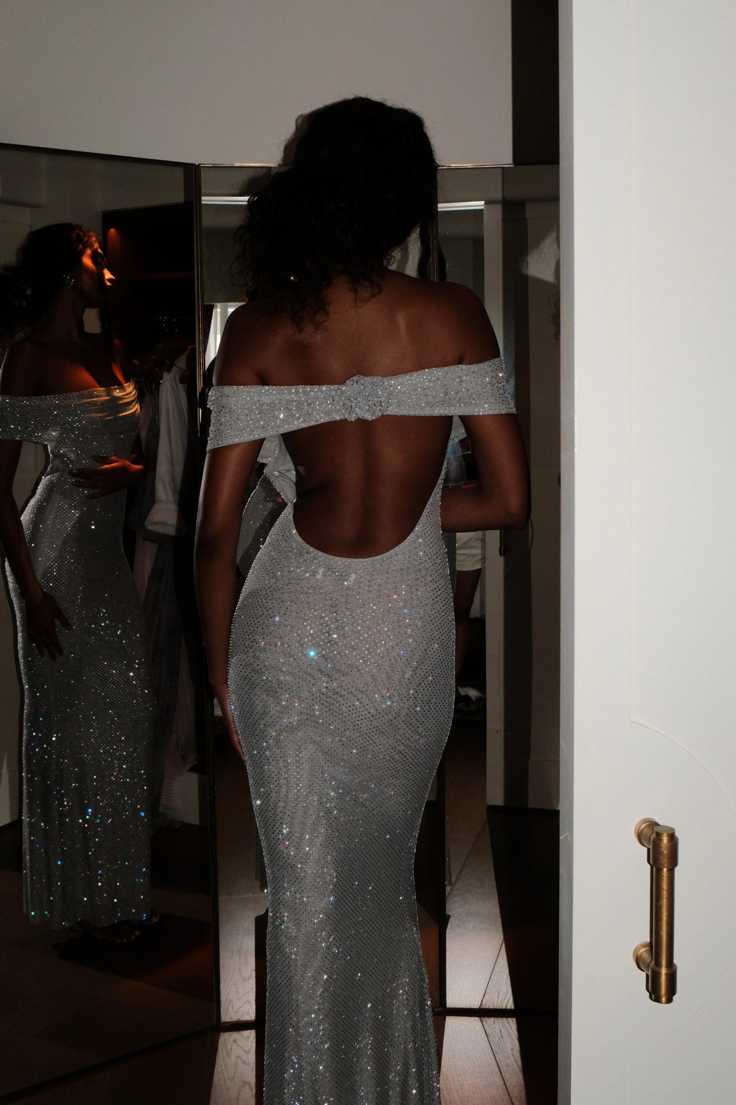 Arna Off Shoulder Diamante Maxi Dress Silver