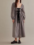 Women Plaid Maxi Dress Long Puff Sleeve Square Neck Flowy Boho Dress Bow Tie Smocked Fall Dresses