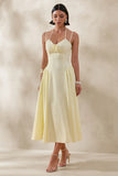 Audrey Lemon Sweetheart Neck Midi Dress With Ruching Detail
