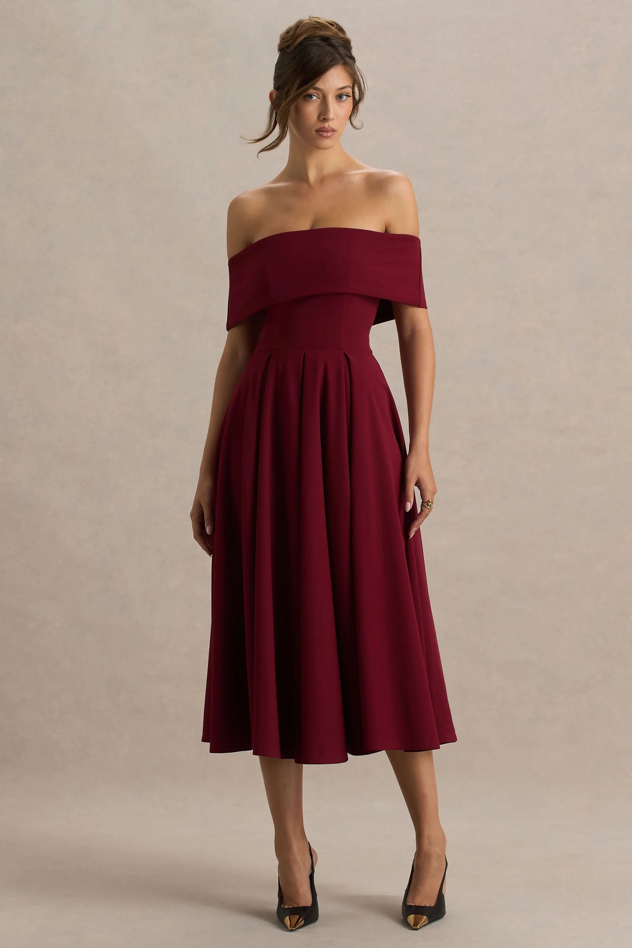 Isabella Burgundy Bardot Neck Midi Dress