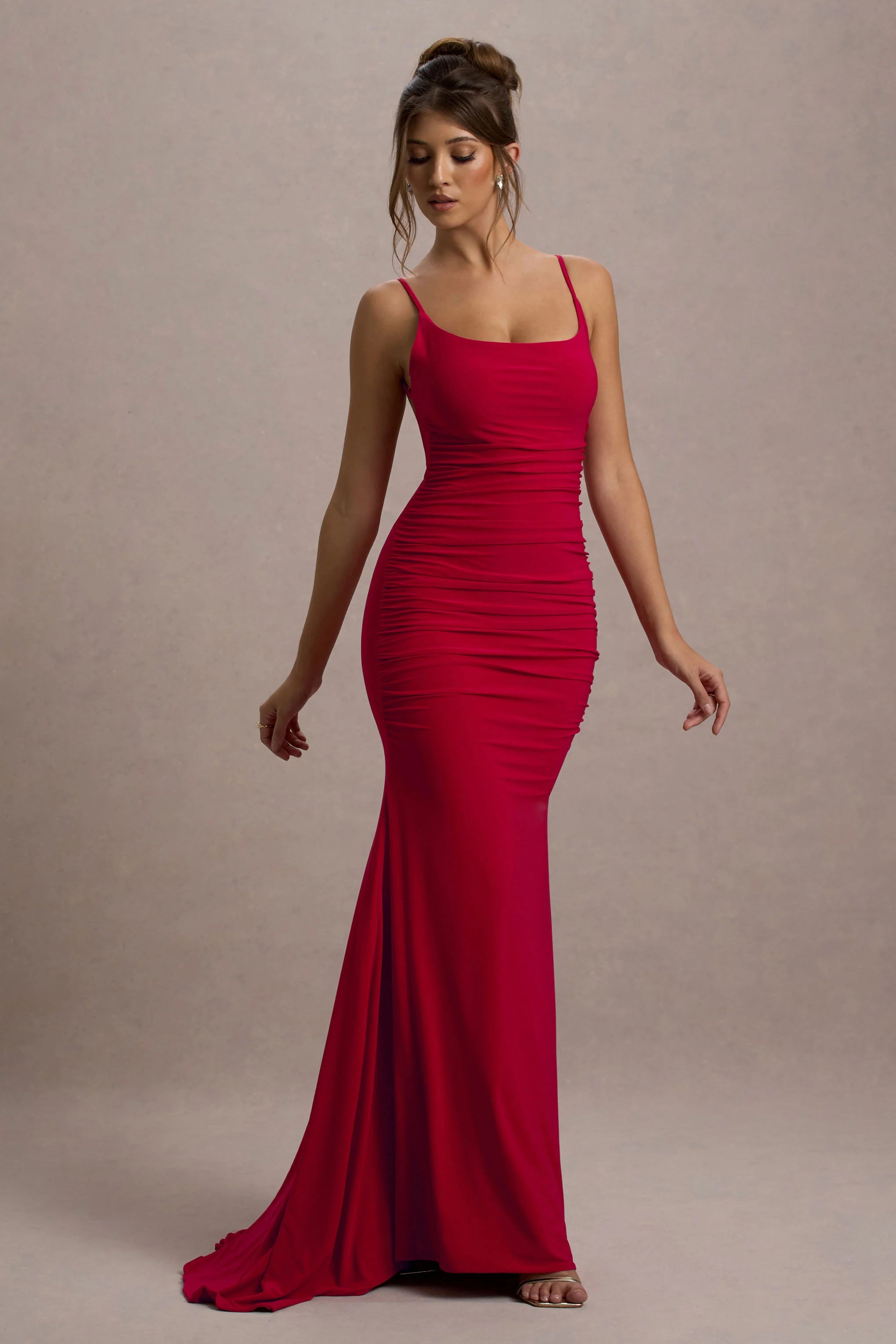 Adele Red Ruched Fishtail Cami Maxi Dress