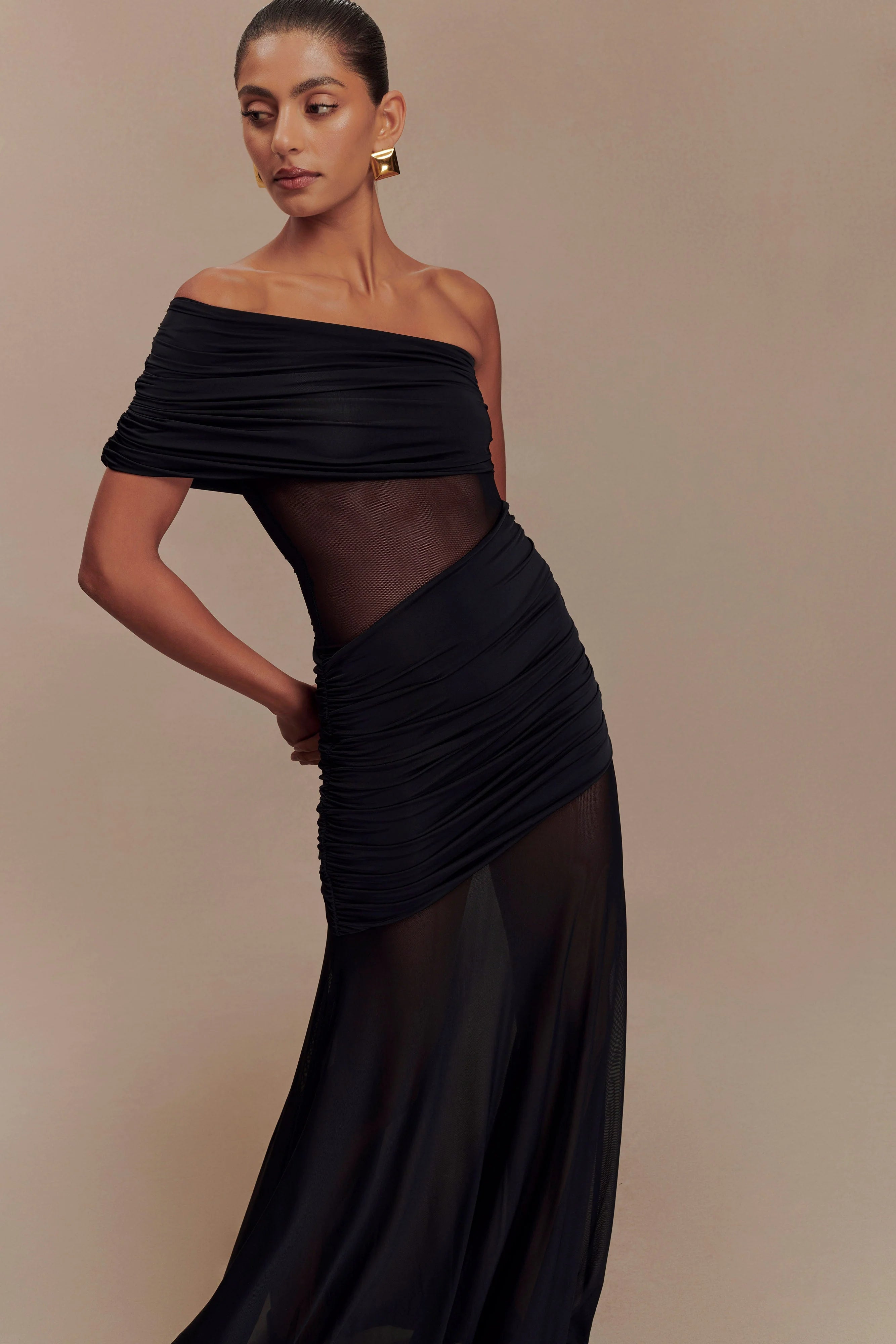 Dallas One Shoulder Mesh Maxi Dress Black