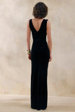 Jovita Black Velvet Cowl Neck Maxi Dress With Gathered Detailing