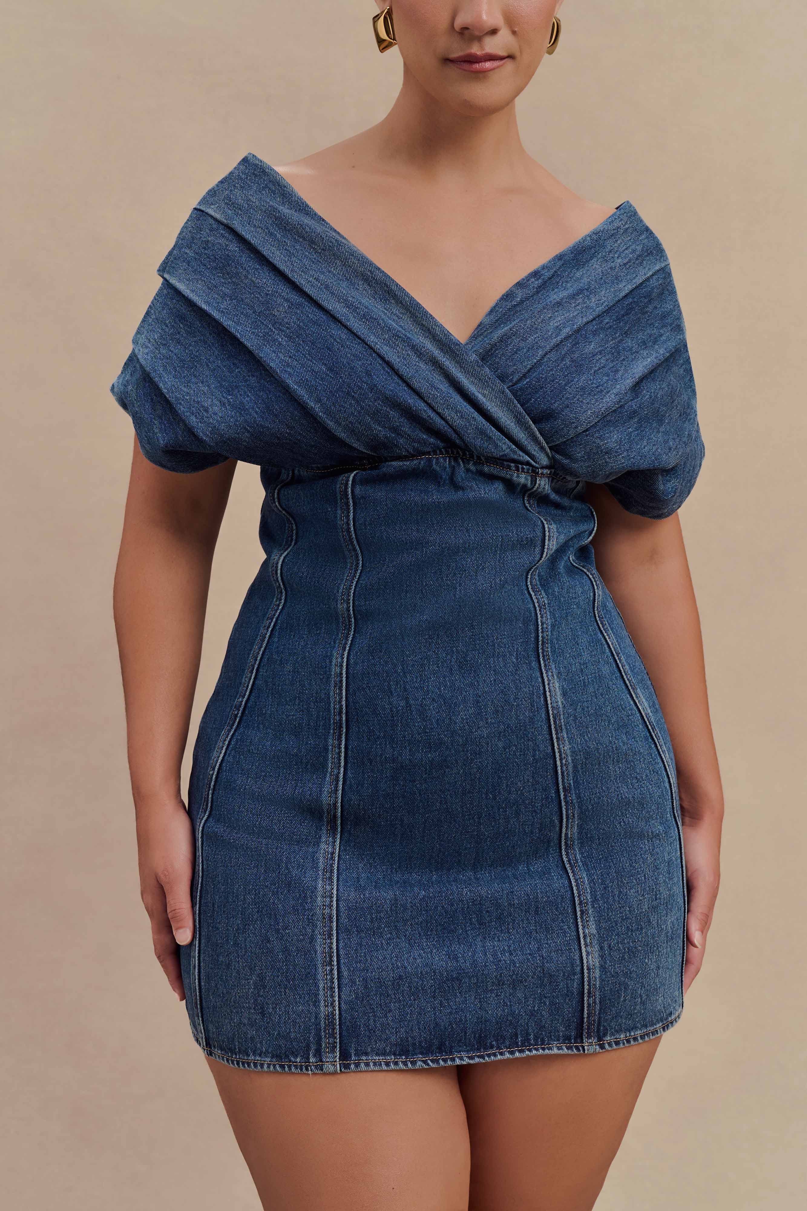 Pascale Off Shoulder Denim Mini Dress Washed Dark Blue