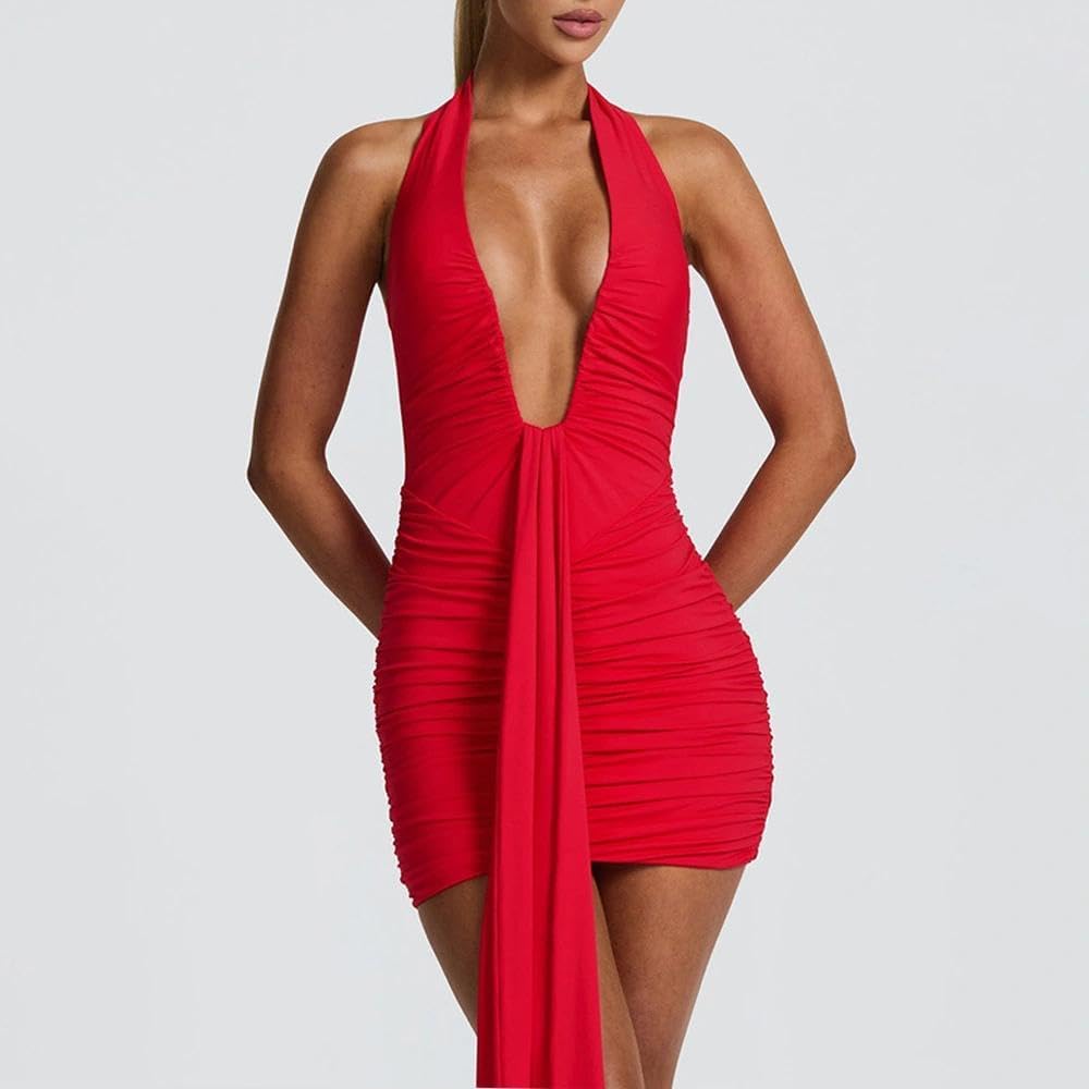 Women Deep V Neck Ruched Mini Dresses Backless Halter Dress Party Club Night