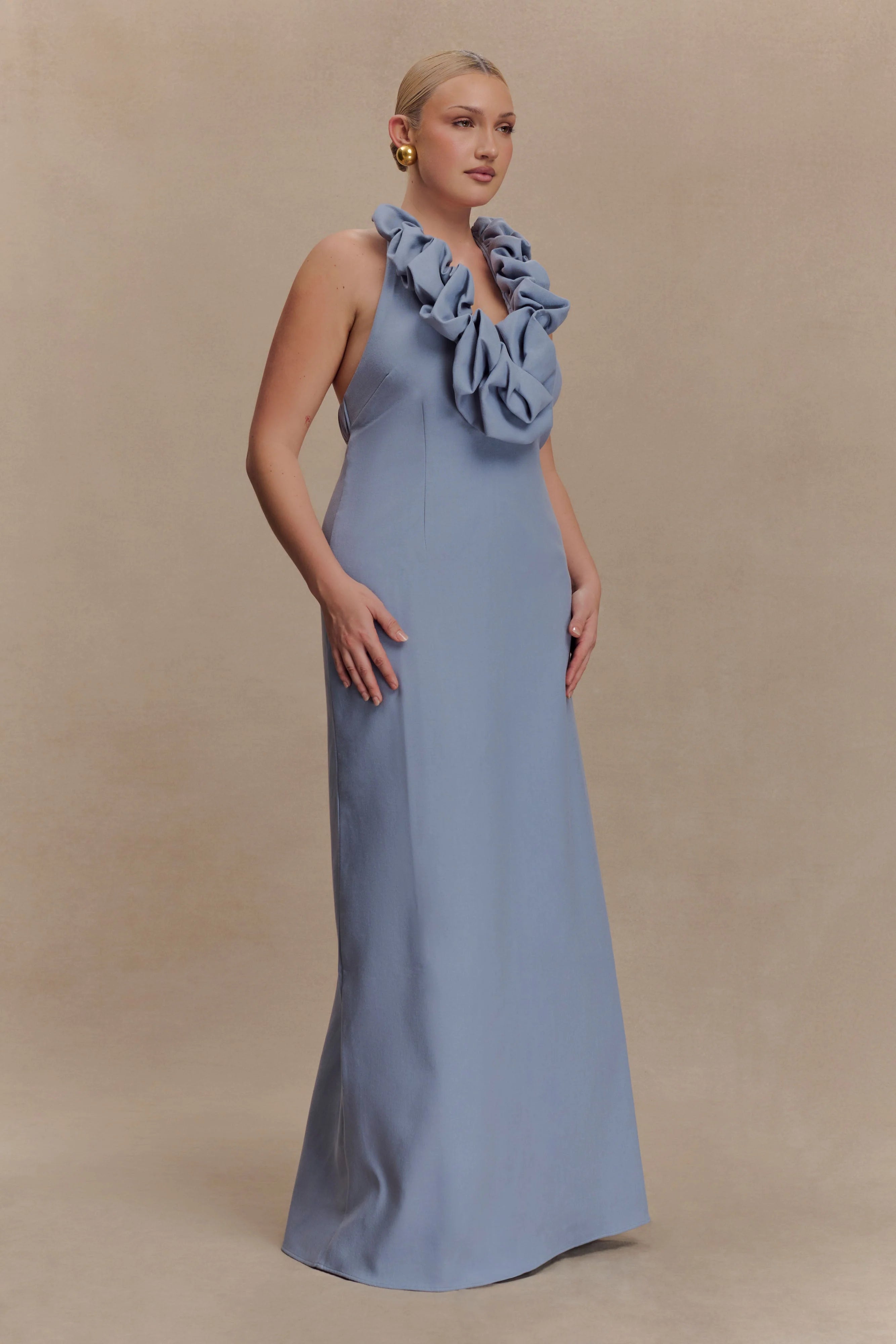 Carolyn Linen Bubble Maxi Dress Misty Blue