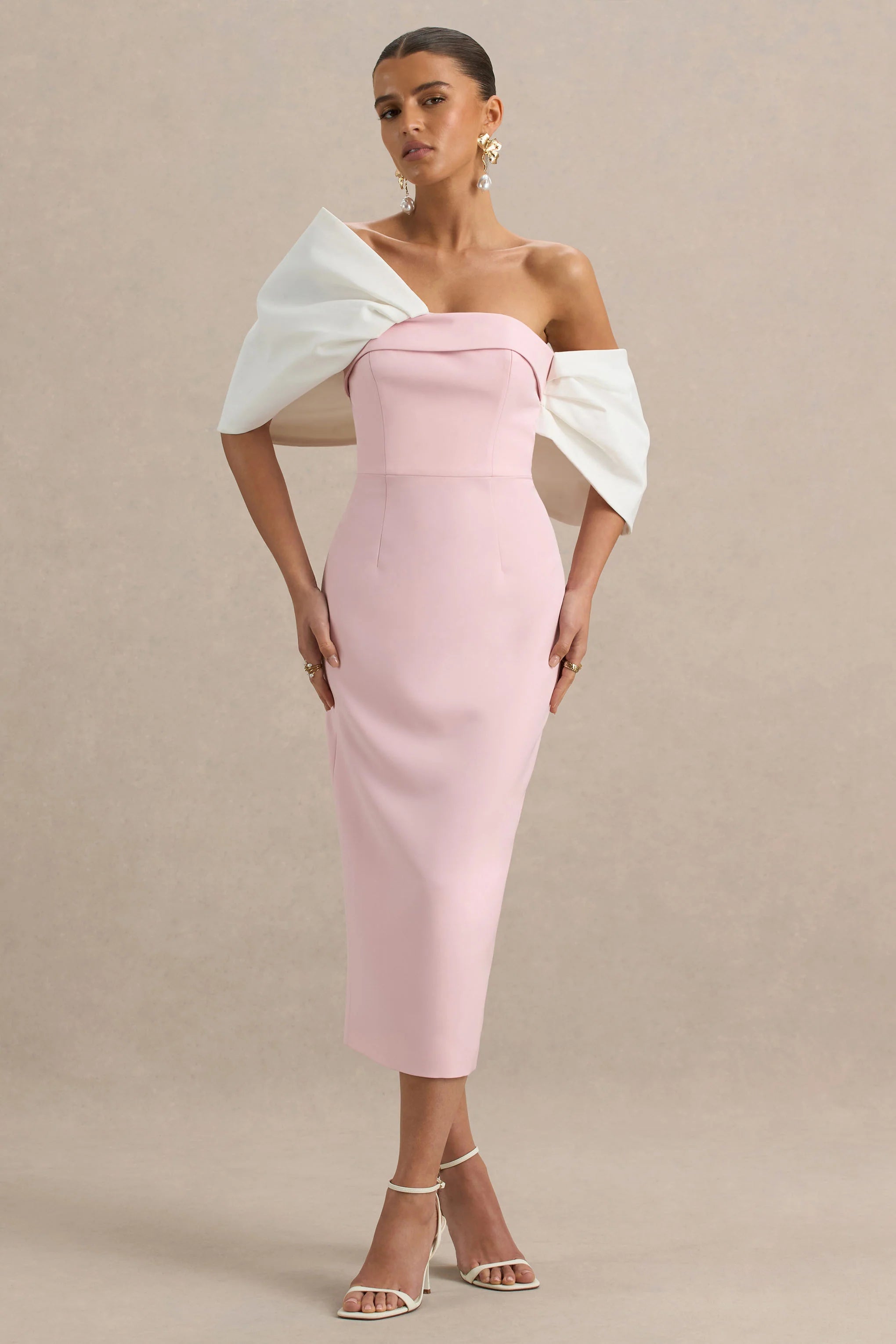 Lucille Rose Pink Asymmetric Bardot Midi Dress With Bow Detail