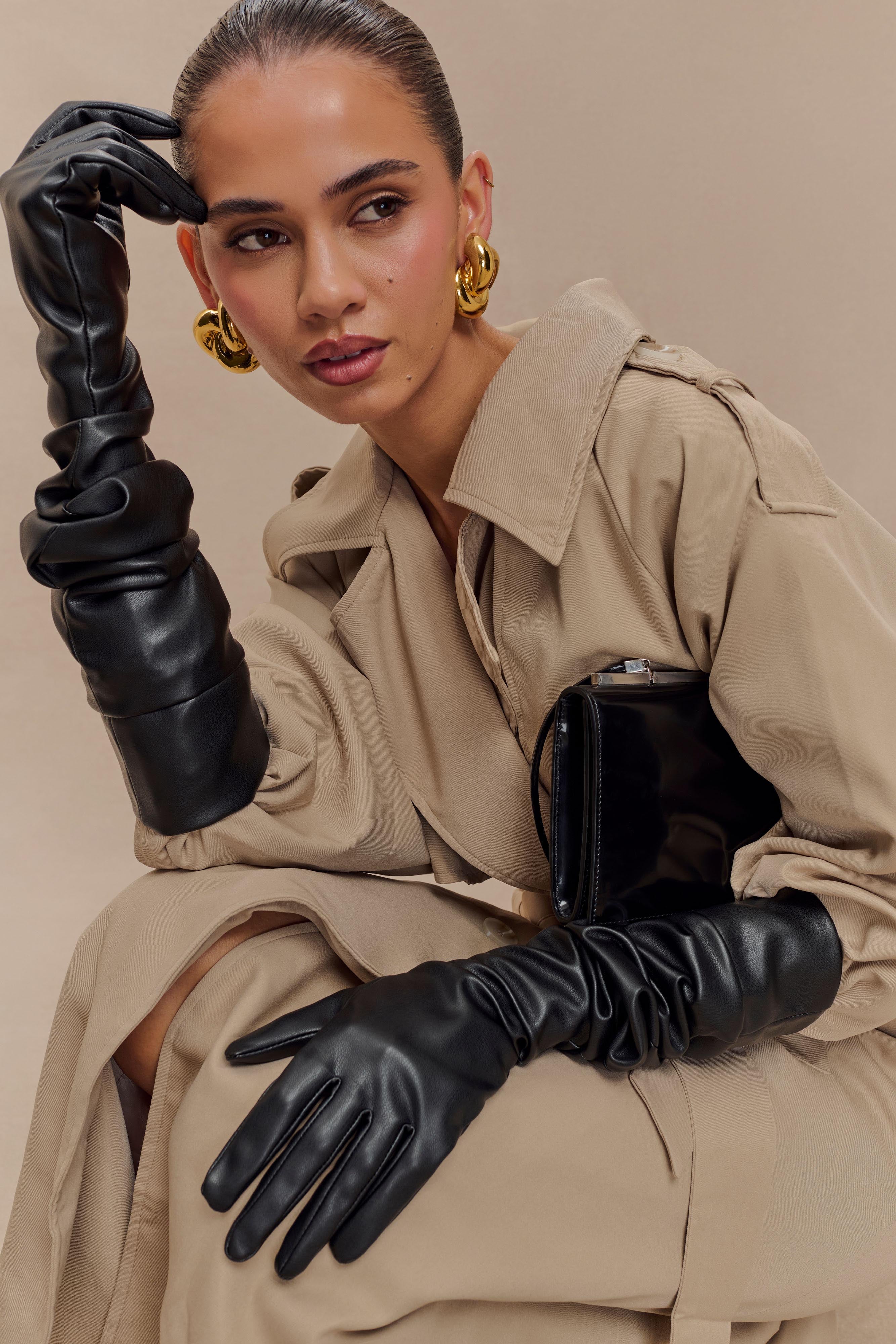 Jasper Faux Leather Elbow Length Gloves Black