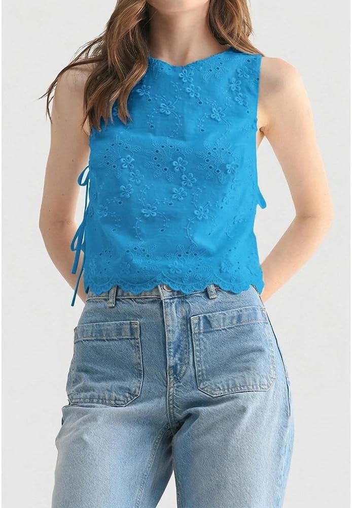 Women Eyelet Embroidered Tank Top Sleeveless Side Tie Summer Going Out Crop Top