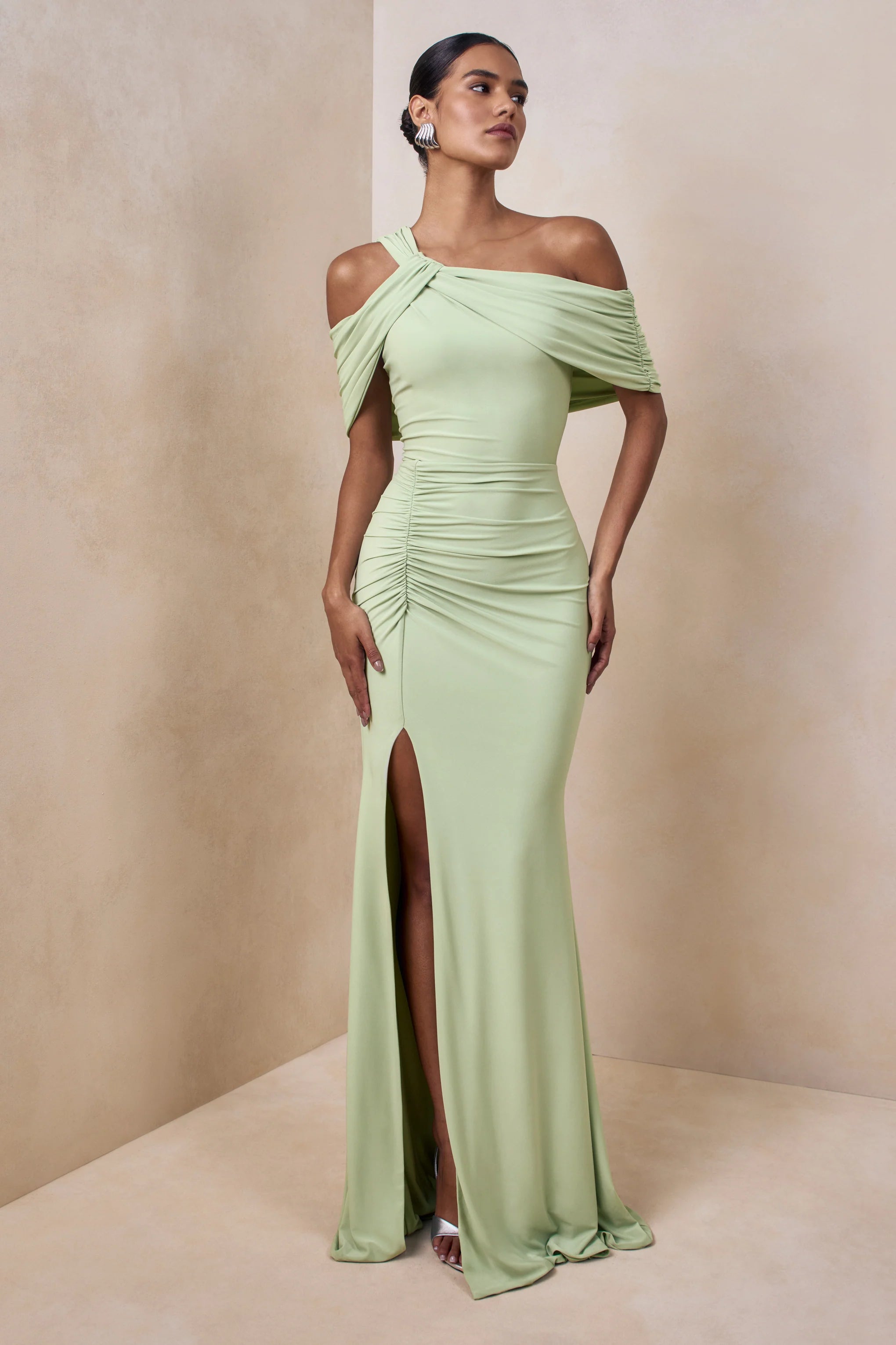 Nala Mint Asymmetric Neck Maxi Dress With Gathered Detailing