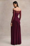 Luminary Dark Plum Bardot Neck Maxi Dress With Mesh Sleeves
