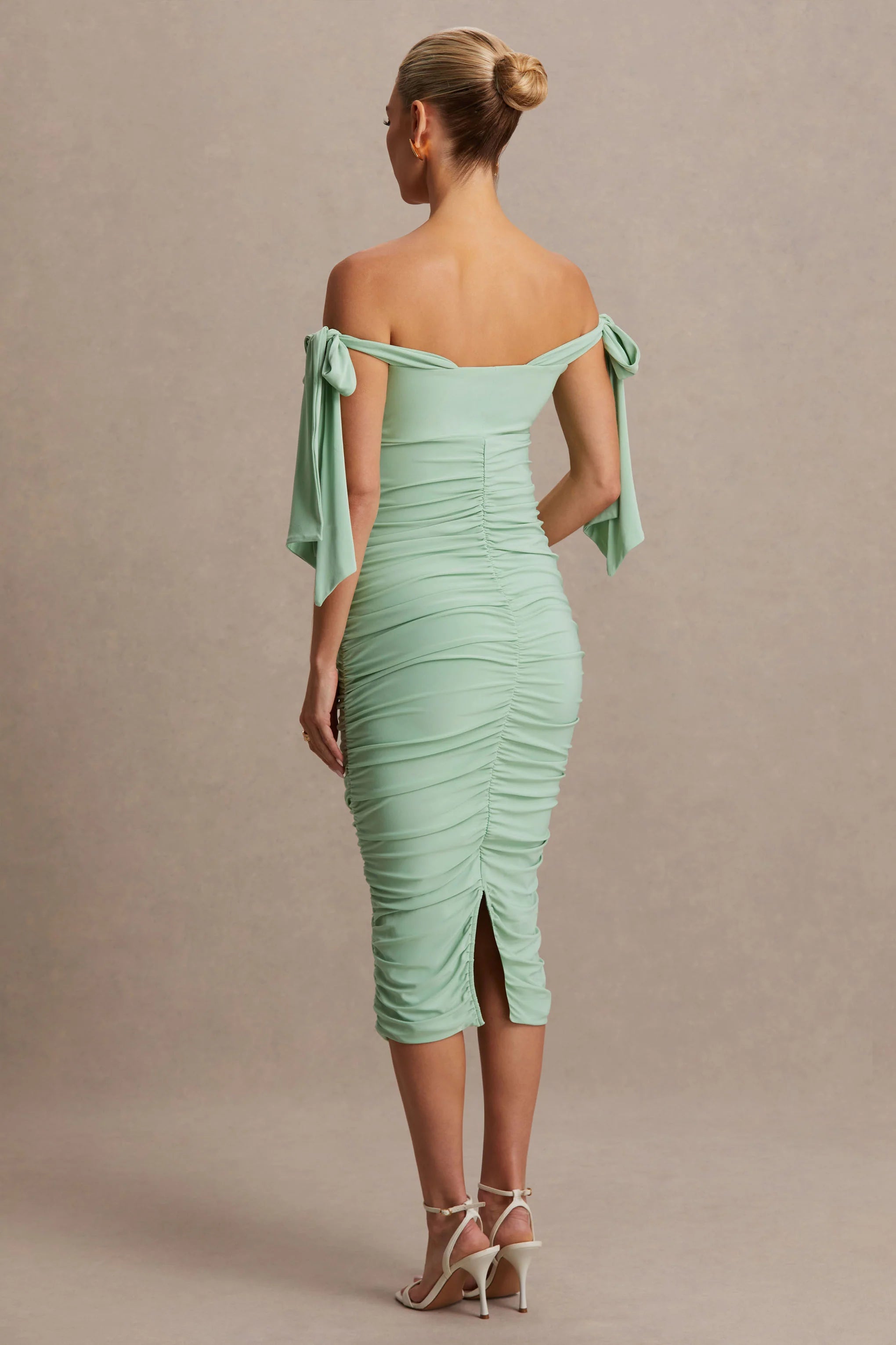 Chandelier Light Green Bardot Maternity Midi Dress With Bow Details