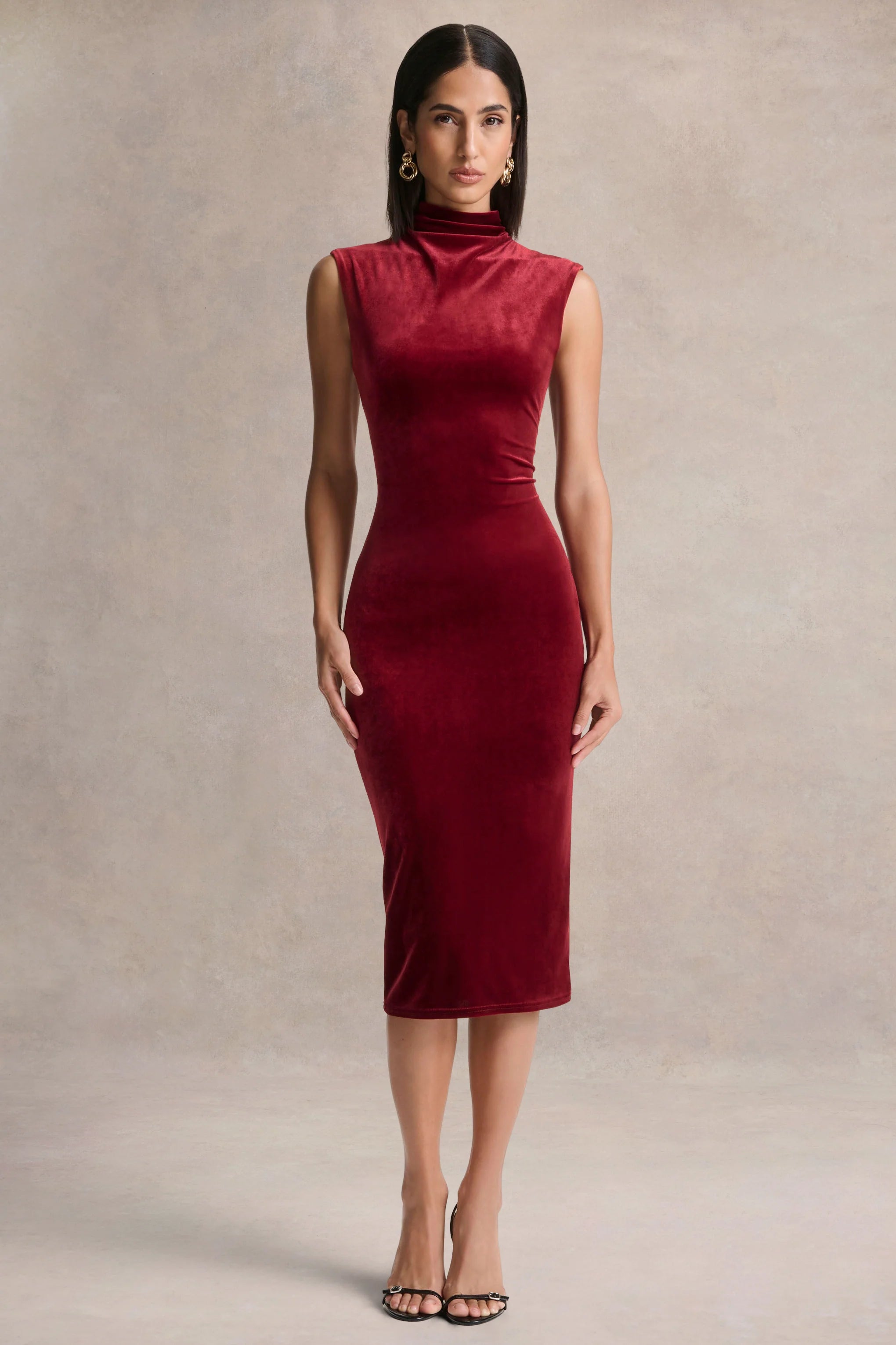 Nivina Red Velvet High Neck Midi Dress With Cap Sleeves