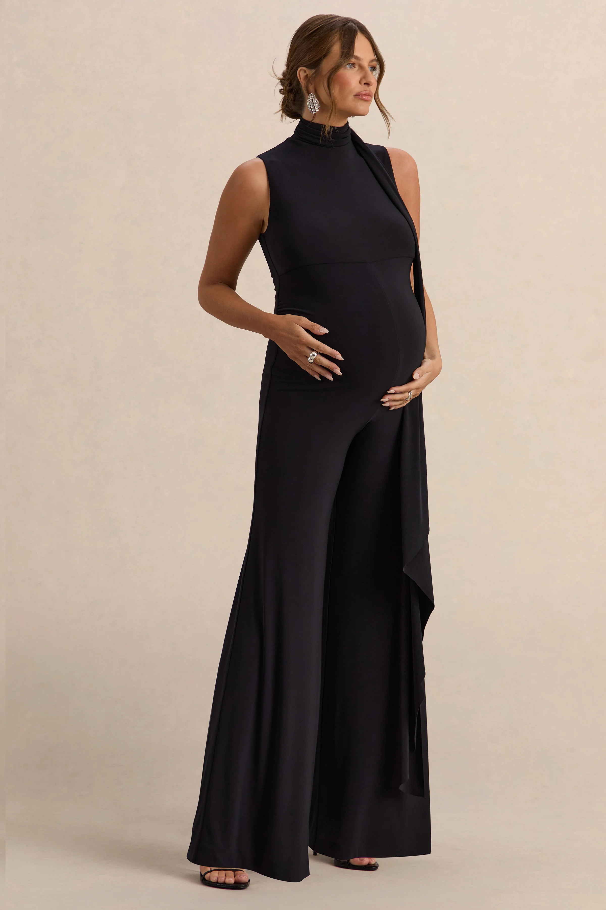 Renza Black High Neck Maternity Jumpsuit With Scarf Detail