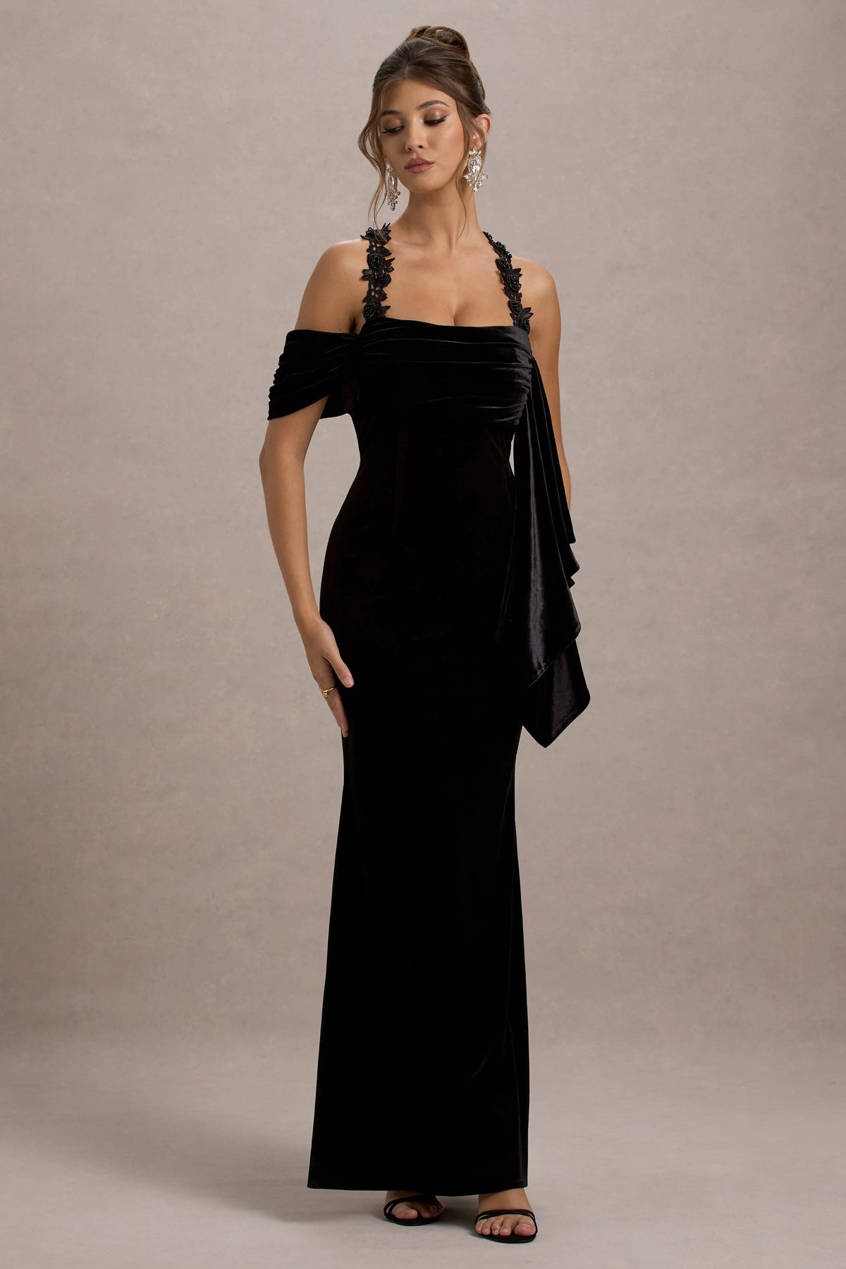 Charlize Black Velvet Halter Neck Draped Maxi Dress