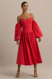 Macie Red Sweetheart Midi Dress With Balloon Sleeves